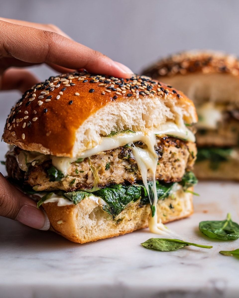 White Cheddar Spinach Chicken Burgers Recipe 6 A close-up view of a sandwich with three main layers inside a shiny, golden brown, soft bun. The bottom layer is fresh dark green leafy spinach sitting on the bun, the middle layer is a thick patty with a light golden-brown crust and bits of melted white cheese and green herbs mixed in, and the top is the glossy bun slightly pressed down onto the patty. The sandwich is served on a white plate on a white marbled surface. Photo taken with an iphone --ar 4:5 --v 7