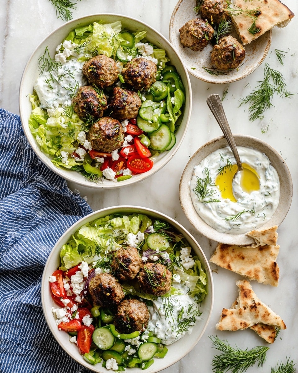 Greek Meatballs with Tzatziki Sauce Recipe 6 In a white bowl, there are five browned meatballs placed mostly on a bed of green lettuce leaves at the bottom layer. To the right, a thick layer of white creamy yogurt sauce with small green herb pieces and a drizzle of olive oil is visible. Above and to the left of the sauce are slices of red tomatoes and green cucumber pieces, mixed with green and dark purple olives. Small white crumbled cheese is sprinkled over the top of the salad and meatballs, along with fresh green dill and mint leaves scattered around. A piece of light brown pita bread leans on the right edge of the bowl, and a silver fork sits on the bottom left side, resting on a blue and white striped cloth. The bowl is resting on a white marbled surface. photo taken with an iphone --ar 4:5 --v 7