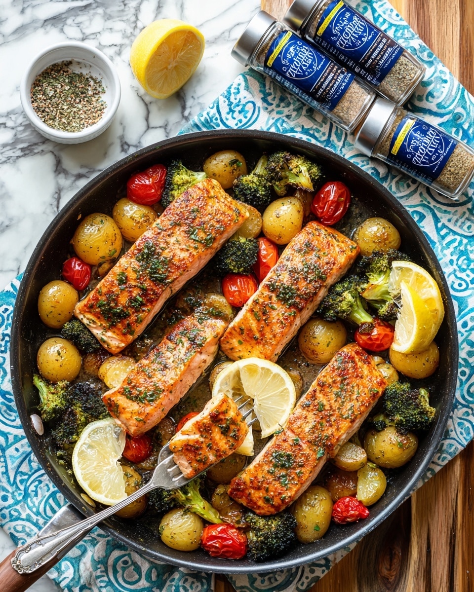 Za’atar Garlic Salmon Recipe 6 A round black pan filled with four pieces of cooked salmon fillets seasoned with herbs, placed evenly around the pan. Scattered between the salmon are small red and yellow cherry tomatoes, yellow and red small potatoes, and bright green broccoli florets, all cooked and mixed together. Two slices of lemon rest near the top left salmon piece. Above the pan, two spice jars with blue and white labels are lying near a blue and white patterned cloth, and to the left side, a white bowl holds a pile of mixed seasoning. The entire scene sits on a wooden surface with a white marbled texture visible around the edges. Photo taken with an iphone --ar 4:5 --v 7