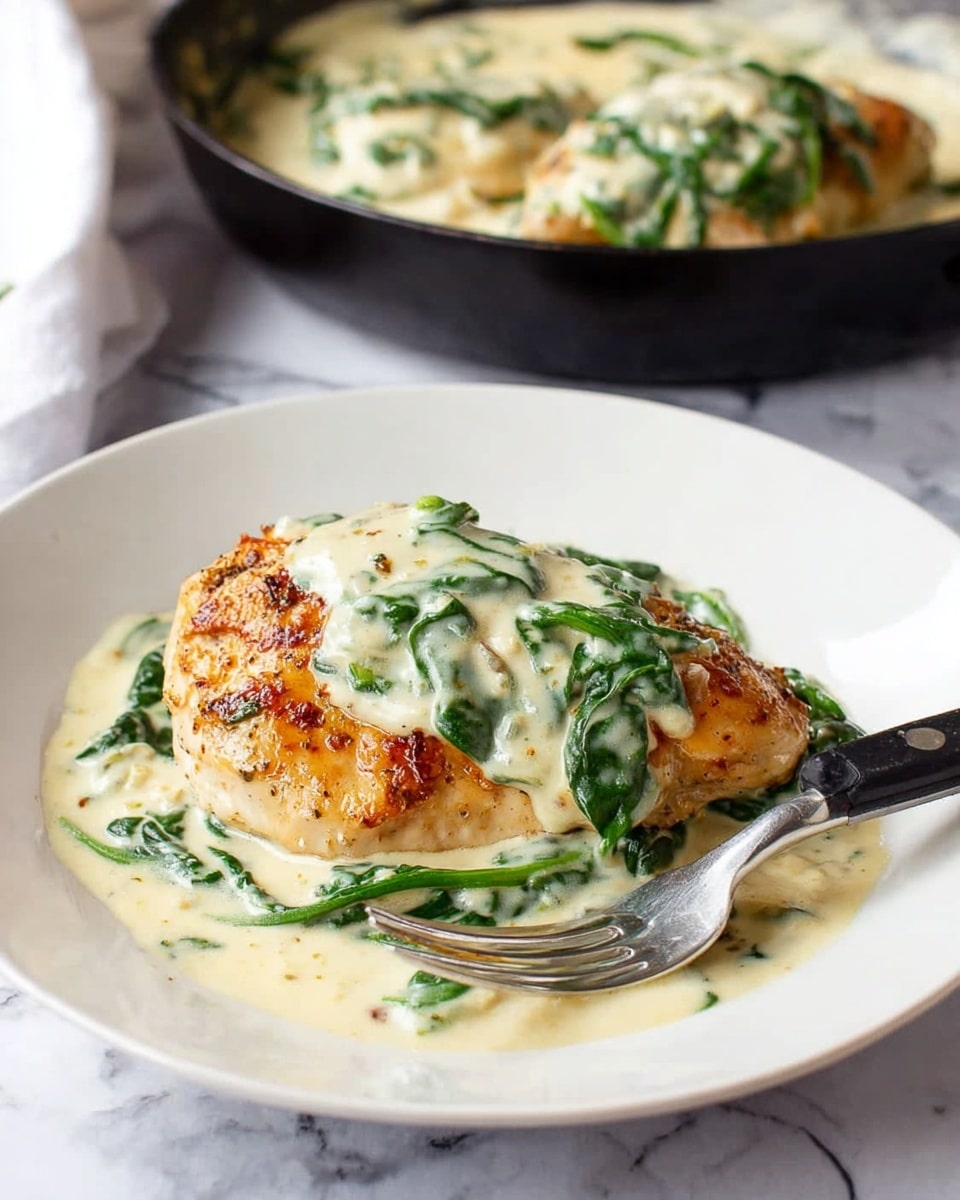 Chicken Florentine with Creamy Spinach and White Wine Sauce Recipe 5 A white round plate holds one large cooked chicken piece with a golden brown, slightly crispy surface. On top, a creamy white sauce with fresh green spinach leaves is spread evenly, coating half of the chicken. The sauce looks smooth and thick, blending with the vibrant green spinach. In the background, there is a black pan with more creamy sauce and spinach visible, resting on a white marbled surface. A fork with a black handle lies on the plate, near the chicken. The lighting is soft, highlighting the textures and colors of the food. Photo taken with an iphone --ar 4:5 --v 7