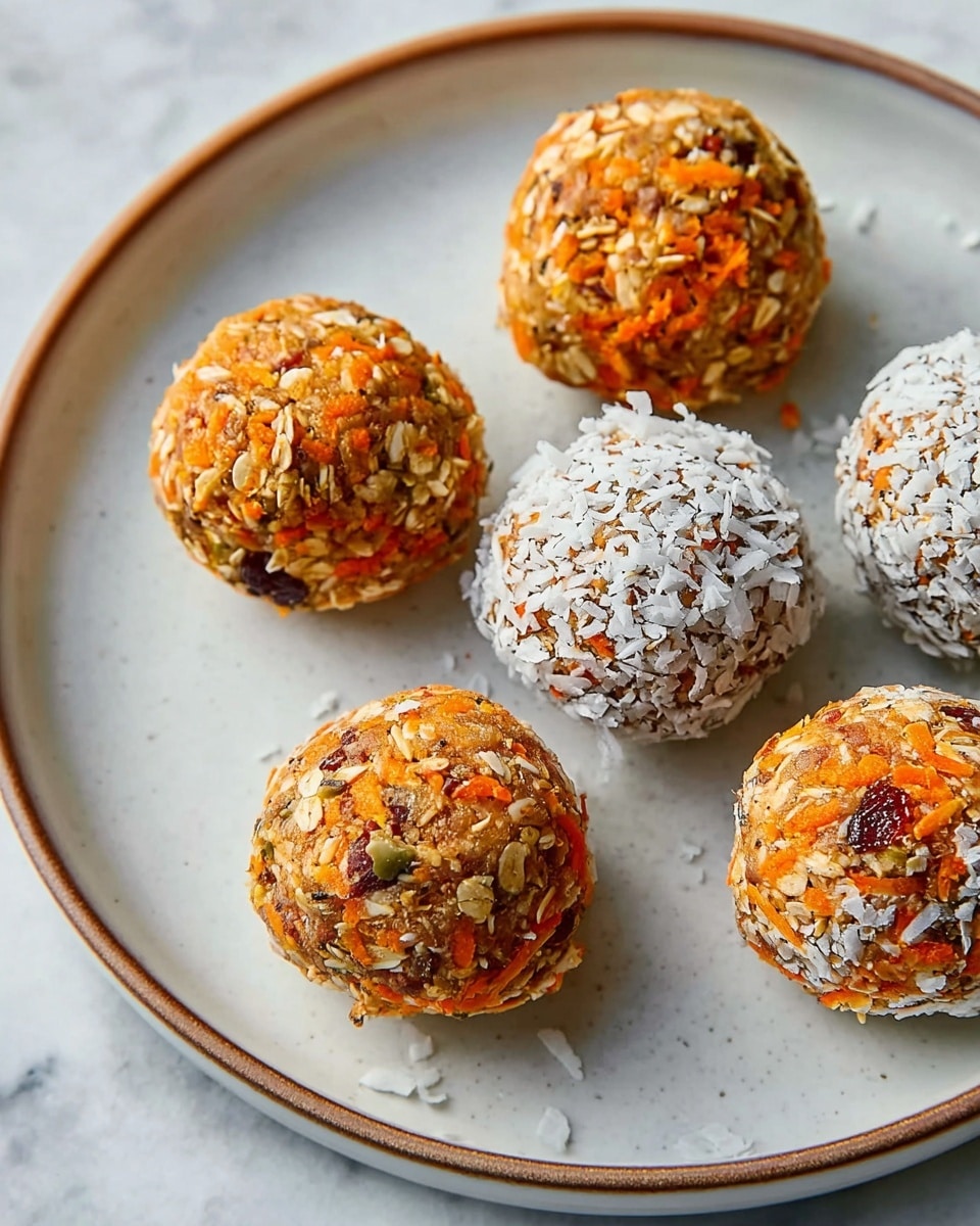 Healthy No-Bake Carrot Cake Energy Bites Recipe 6 A woman's hand is holding a small round snack between the thumb and index finger. The snack has a textured outer layer made of shredded white coconut and small oat pieces, with an orange layer underneath showing through. On top of the snack is a dollop of white cream and a smooth, light brown spread. The background is a simple light grey. photo taken with an iphone --ar 4:5 --v 7