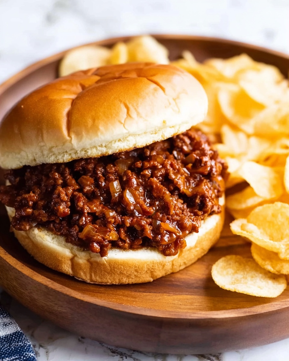 The Best Homemade Sloppy Joes Recipe 5 The image shows a sloppy joe sandwich on a soft, shiny light brown bun with loose, saucy ground meat piled thickly on the bottom half of the bun. The meat mixture is dark reddish-brown with visible bits of onions mixed in. The top half of the bun is resting beside the meat. Next to the sandwich, there is a small pile of thin, light yellow potato chips arranged loosely on a round wooden plate. The plate sits on a white marbled surface, and a woman's hand is partially visible holding the plate from the side. Photo taken with an iphone --ar 4:5 --v 7