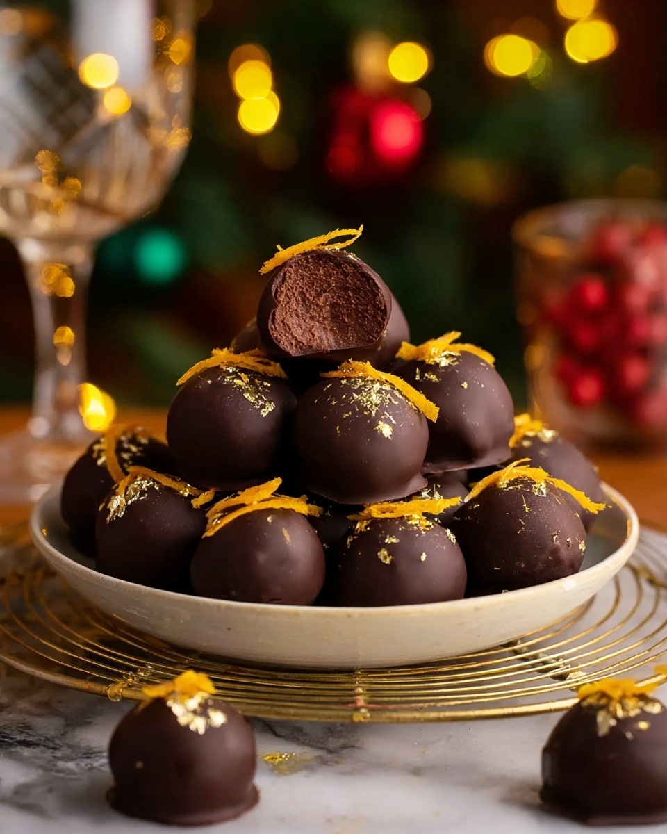 Christmas Chocolate Orange Truffles Recipe 5 The image shows a white plate full of smooth, dark chocolate balls stacked in a small pyramid. Each ball is decorated on top with thin orange peel strips and a bit of shiny gold leaf. One chocolate ball near the top is bitten in half, showing a dense, rich dark chocolate inside with a creamy texture. Around the plate, a few chocolate balls sit separately, also decorated with the orange peel and gold leaf. The plate sits on a gold metal rack, and the background has warm, soft yellow lights with blurry red and green colors suggesting a festive setting. The surface underneath is a white marbled texture photo taken with an iphone --ar 4:5 --v 7