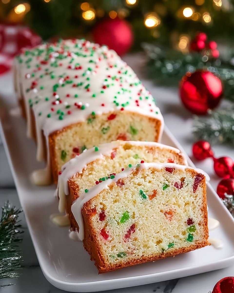 Christmas Sprinkle Buttermilk Bread Recipe 6 A rectangular loaf cake is shown sliced to reveal one end piece. The cake has a soft, light yellow interior speckled with colorful red and green bits throughout. The top is covered with a smooth white icing that drips slightly down the sides. Small, round red and green sprinkles are scattered on top of the icing. The cake is placed on a long white plate, sitting on a white marbled surface. In the background, festive Christmas decorations like pine branches, red ornaments, and warm lights softly blur. Photo taken with an iphone --ar 4:5 --v 7