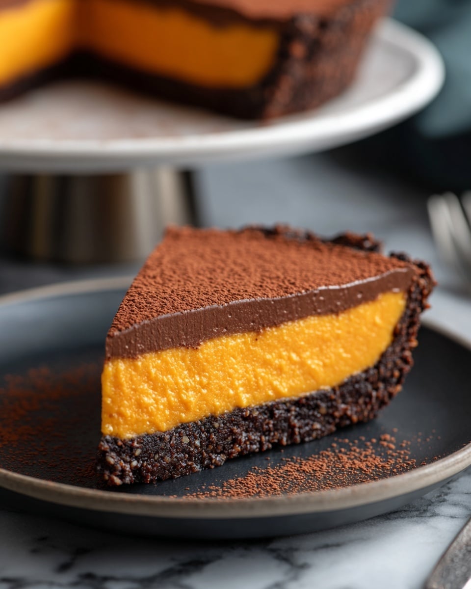 Salted Caramel Chocolate Tart Recipe 6 A single slice of pie with three visible layers sits on a dark plate placed on a white marbled surface. The bottom layer is thin and dark brown with a firm texture, acting as the crust. Above it is a thick, smooth layer of bright orange filling that looks creamy and glossy. The top layer is thicker, dark brown, and appears rich and smooth like chocolate mousse, with a light dusting of cocoa powder on the surface. In the background, a larger piece of the same pie is slightly blurred and placed on a white plate raised on a metallic stand. Photo taken with an iphone --ar 4:5 --v 7