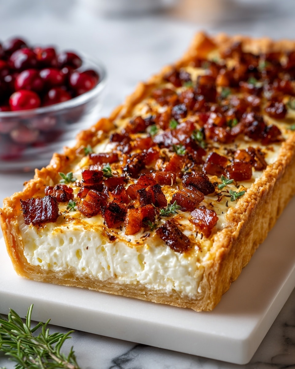 A rectangular tart with a golden, flaky crust forms the base. Inside, there are five layers of soft white cheese with a creamy texture, each topped with small, crispy browned cubes that look like bacon pieces. The tart is placed on a white rectangular plate set on a white marbled surface. In the background, there is a blurred clear bowl filled with shiny red cranberries and a sprig of green herbs laying next to the tart. The photo taken with an iphone --ar 4:5 --v 7