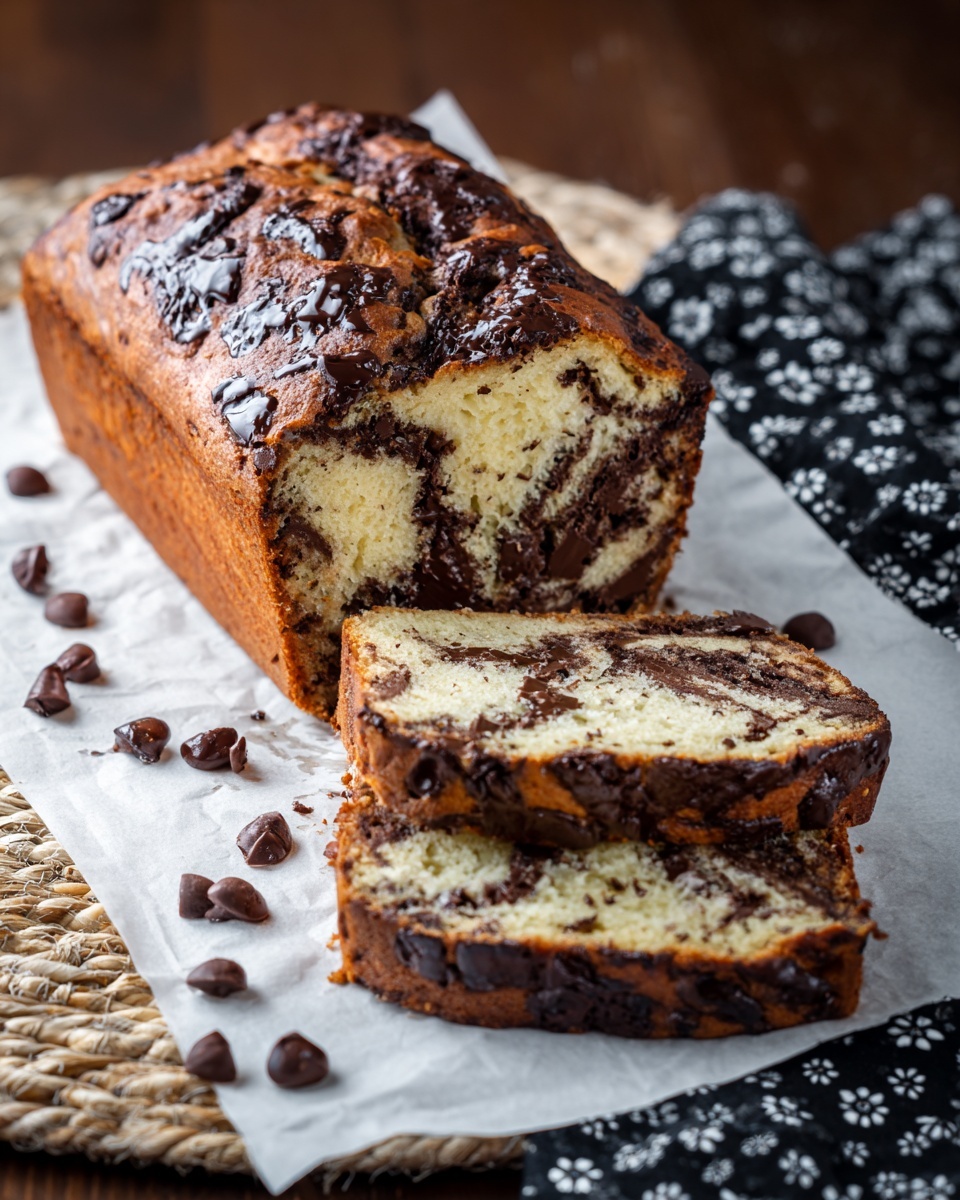 A loaf of yellow cake with many dark chocolate chips baked inside and scattered on top is partially sliced, showing two thick slices lying flat in the front and the remaining loaf behind them. The cake has a light texture with small crumbs and melted chocolate spots inside. The slices and loaf sit on white parchment paper over a white marbled surface, with a dark cloth partially visible near the bottom left corner. Photo taken with an iphone --ar 4:5 --v 7