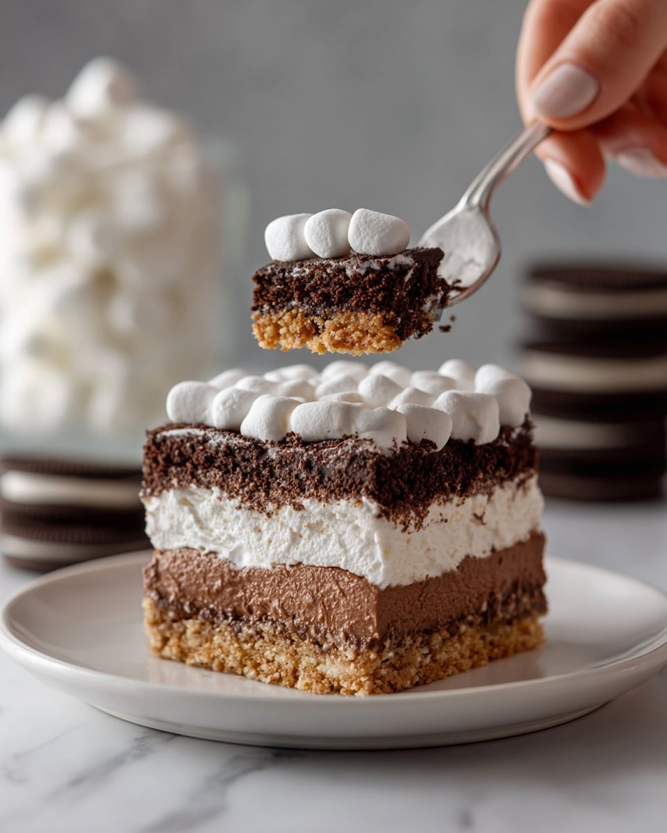 The image shows a slice of layered dessert on a white plate with a white marbled surface under it. The dessert has four visible layers: the bottom layer is light brown and textured like a crunchy base, the second layer is light with a soft texture featuring a visible white marshmallow inside, the third layer is thick and dark brown like rich chocolate, and the top layer is lighter brown cream, covered with many small white marshmallows. A woman's hand is holding a fork, lifting a piece from the dessert. In the background, there is a tall glass filled with marshmallows and blurred stacks of chocolate sandwich cookies. photo taken with an iphone --ar 4:5 --v 7