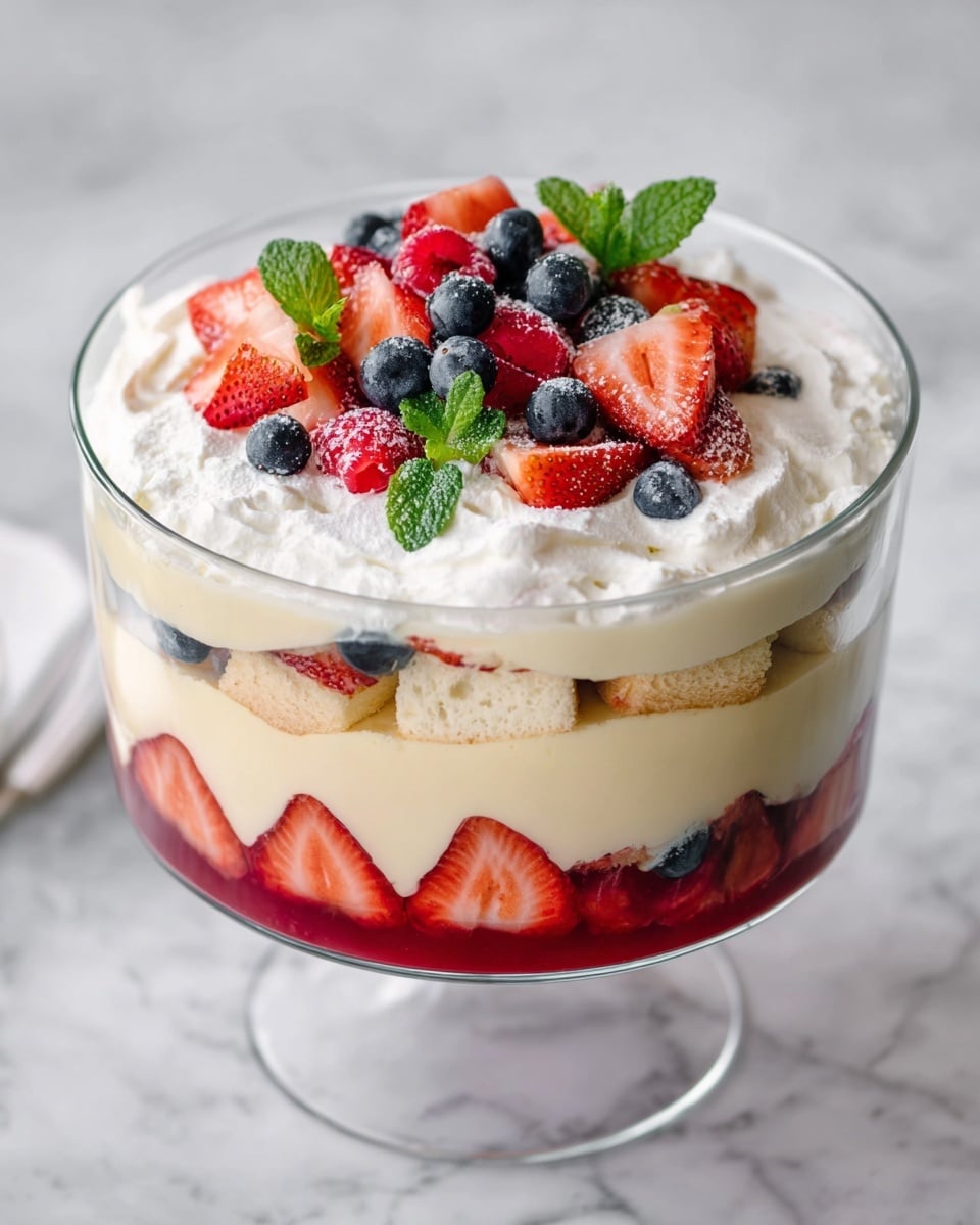 A clear glass bowl on a white marbled surface holds a four-layer dessert. The bottom layer is red jelly with large, halved strawberries pressed along the inside of the bowl. Above that is a creamy pale yellow custard layer, topped with a layer of white sponge cake studded with sliced strawberries and blueberries. The top layer is thick white whipped cream, crowned with a mix of whole raspberries, blueberries, halved blueberries, strawberry pieces, and small green mint leaves scattered on top. Photo taken with an iphone --ar 4:5 --v 7