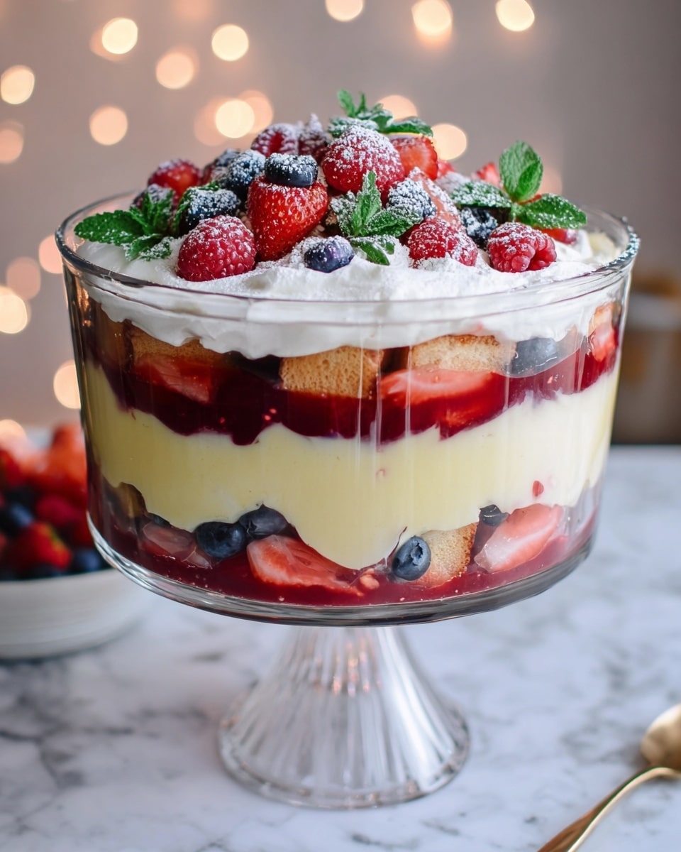 A clear glass bowl filled with a thick, white creamy layer topped with a colorful mix of fresh berries including red raspberries, halved strawberries, and whole blueberries, all sprinkled lightly with powdered sugar and small green mint leaves. The bowl sits on a white marbled surface with a blurred white cloth and a small strawberry in the background. Photo taken with an iphone --ar 4:5 --v 7