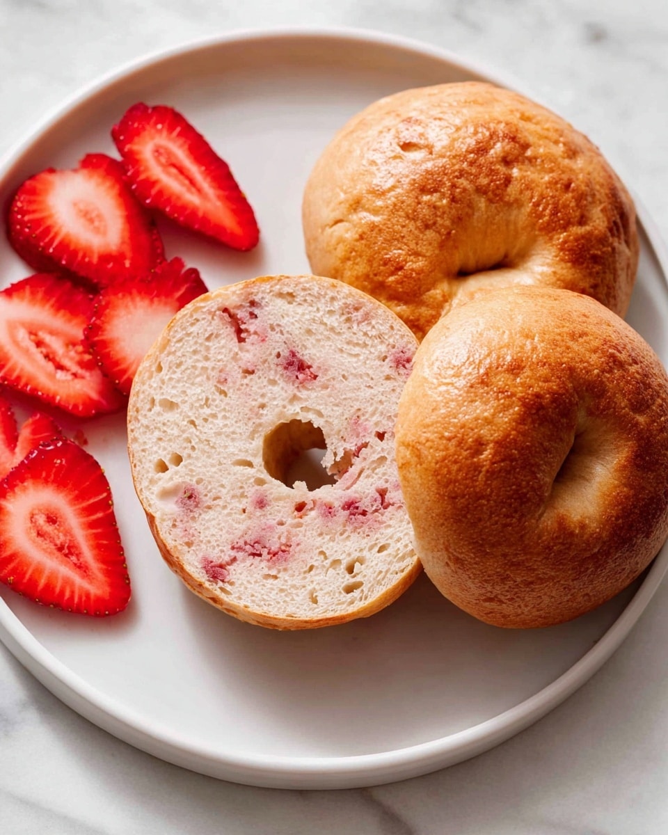 Strawberry Cottage Cheese Bagels Recipe 5 A close-up of a sliced bagel held by a woman's hand, showing one half covered with a thick layer of light pink cream cheese spread evenly, topped with three fresh red strawberry slices arranged on top. The bagel has a toasted golden-brown color with a soft texture, and in the white plate below, whole bagels and additional strawberry pieces are visible on a white marbled surface. The bright red strawberries contrast with the creamy pink spread and warm brown bagel in a fresh and appetizing presentation photo taken with an iphone --ar 4:5 --v 7
