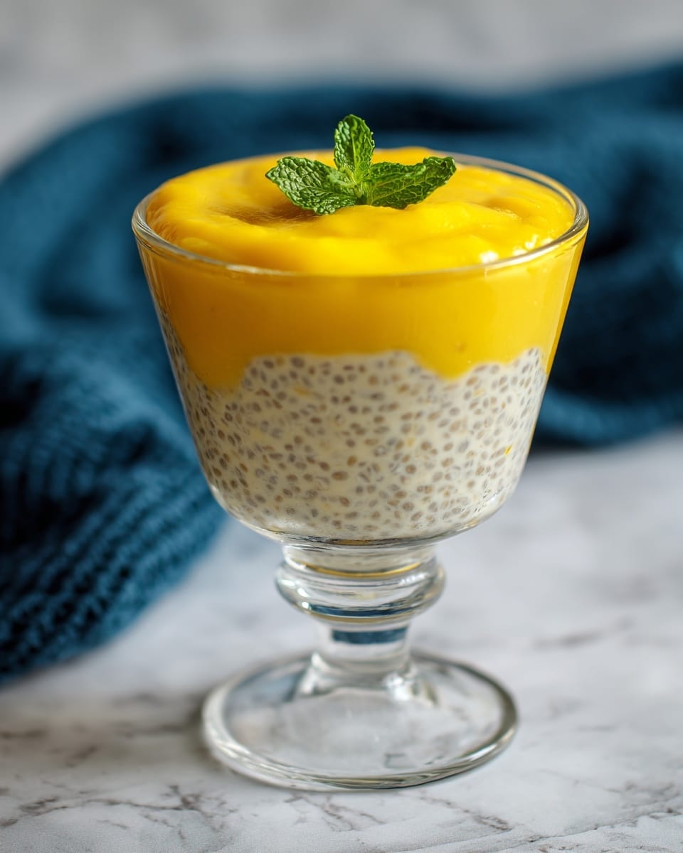Mango Chia Seed Pudding Recipe 5 A clear glass dessert cup with a short stem holds a two-layered dish placed on a white marbled surface. The bottom layer is a creamy chia pudding with visible chia seeds throughout, light beige in color with a slightly textured look. On top is a smooth, bright yellow mango puree layer, thick and glossy, evenly spread to cover the chia pudding. A small green mint leaf garnish sits in the center on the mango layer, adding a fresh touch. A blurry dark blue textured cloth is in the background. photo taken with an iphone --ar 4:5 --v 7