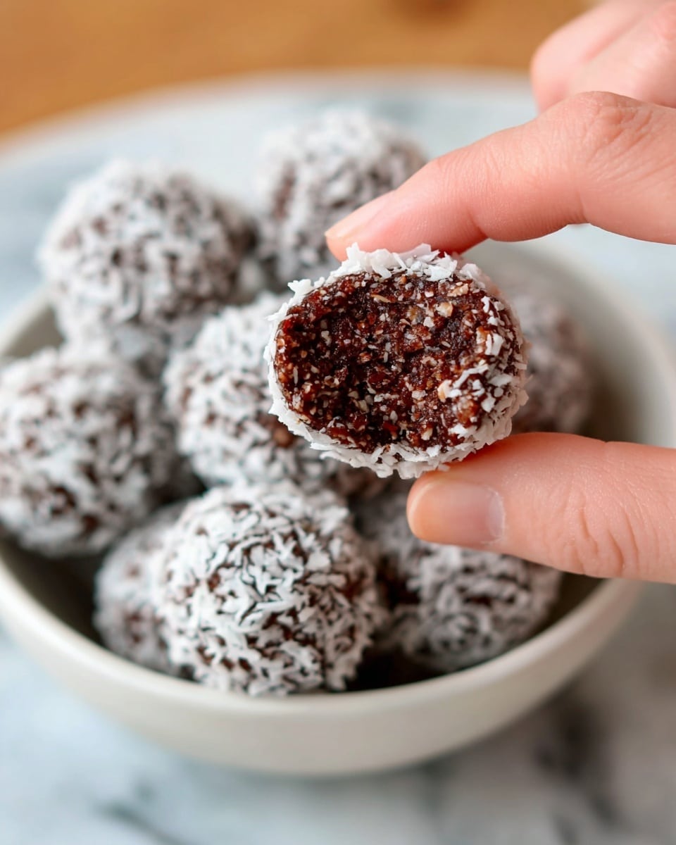 Chocolate Coconut Date Balls (No Bake) (Vegan+GF) Recipe 5 A close-up shows a woman's hand holding a small round chocolate ball coated in white shredded coconut, with a bite taken revealing a dense, dark brown, and slightly textured inside. More chocolate balls covered in white coconut fill a white bowl below, resting on a white marbled surface. The focus is mainly on the held chocolate ball with the background softly blurred. photo taken with an iphone --ar 4:5 --v 7