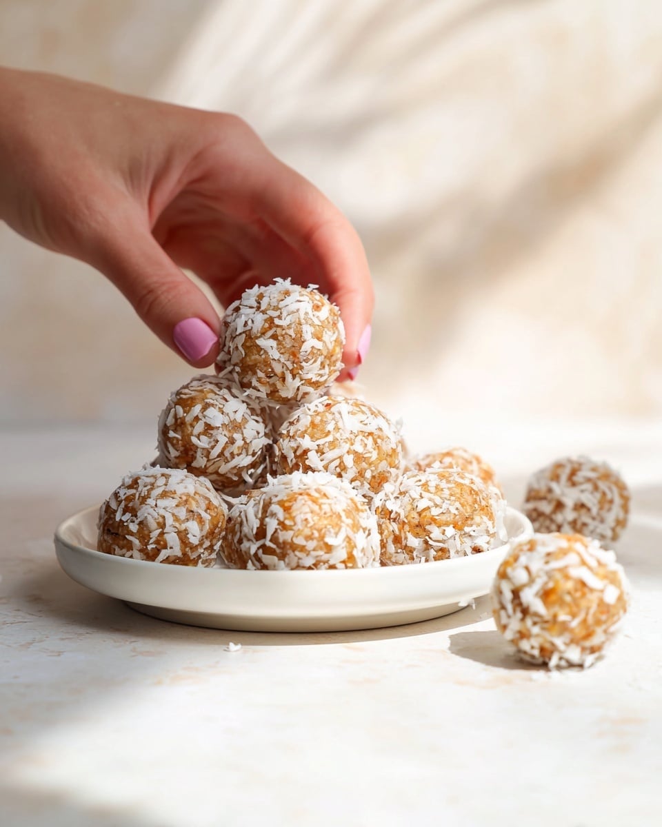Coconut-Lemon Energy Balls with Dates Recipe 5 The image shows a pile of round energy balls on a white plate, each ball light brown with white coconut flakes covering its surface. One energy ball is in front on a white marbled surface, sharply focused, showing a rough texture with shredded coconut on it. Another energy ball is close to it on the right side. Above the plate, a woman's hand with pink nails is gently holding one of the energy balls, slightly blurred, highlighting the soft sunlight falling on the scene. The background is light and soft, blending with the tones in the food and surface. Photo taken with an iphone --ar 4:5 --v 7
