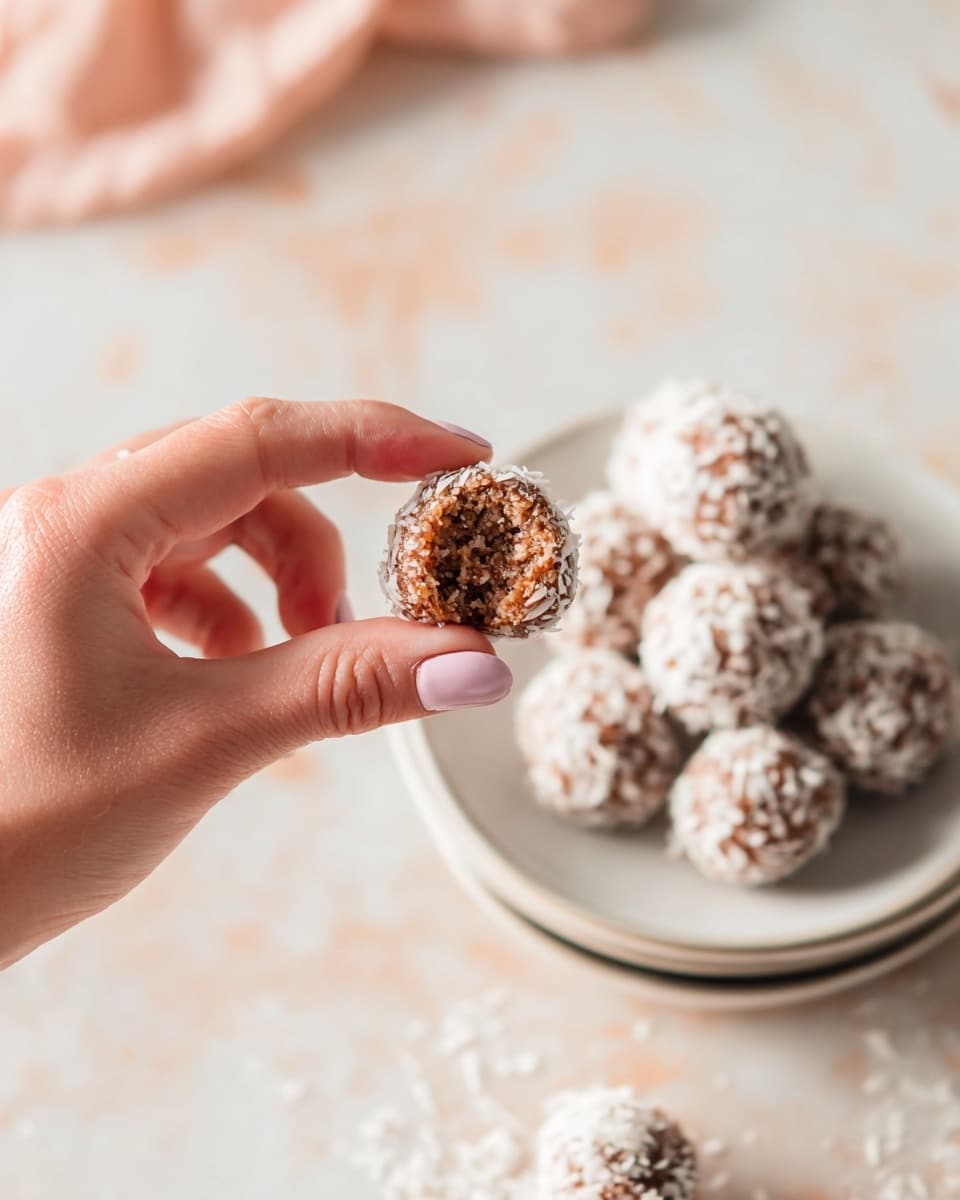 Coconut-Lemon Energy Balls with Dates Recipe 6 There is a stack of round energy balls on a white plate. Each ball is light brown with small bits inside and covered with white shredded coconut pieces. The balls are piled in a pyramid shape on the plate. The plate sits on another white plate, all placed on a white marbled surface. The background is blurred with soft light coming through. photo taken with an iphone --ar 4:5 --v 7