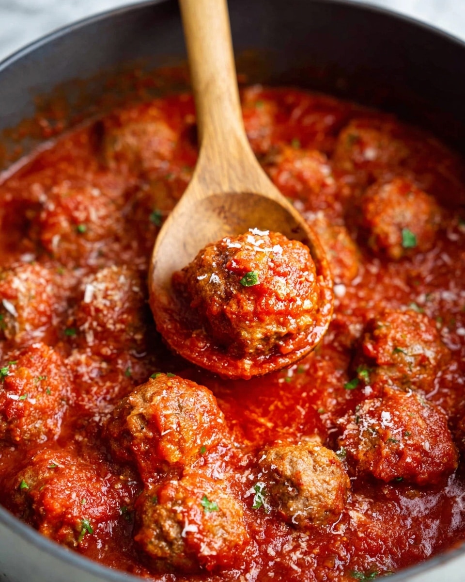 Bobby Flay's Italian Meatball Recipe 6 The image shows many round meatballs covered in a thick, bright red tomato sauce inside a pot. The sauce has small bits of herbs and a few pieces of grated cheese sprinkled on top, adding a light texture to the surface. A wooden spoon is lifting one meatball, showing its slightly rough and cooked texture. The meatballs are packed closely together, soaking in the rich sauce that fills the pot, all resting on a white marbled background. photo taken with an iphone --ar 4:5 --v 7