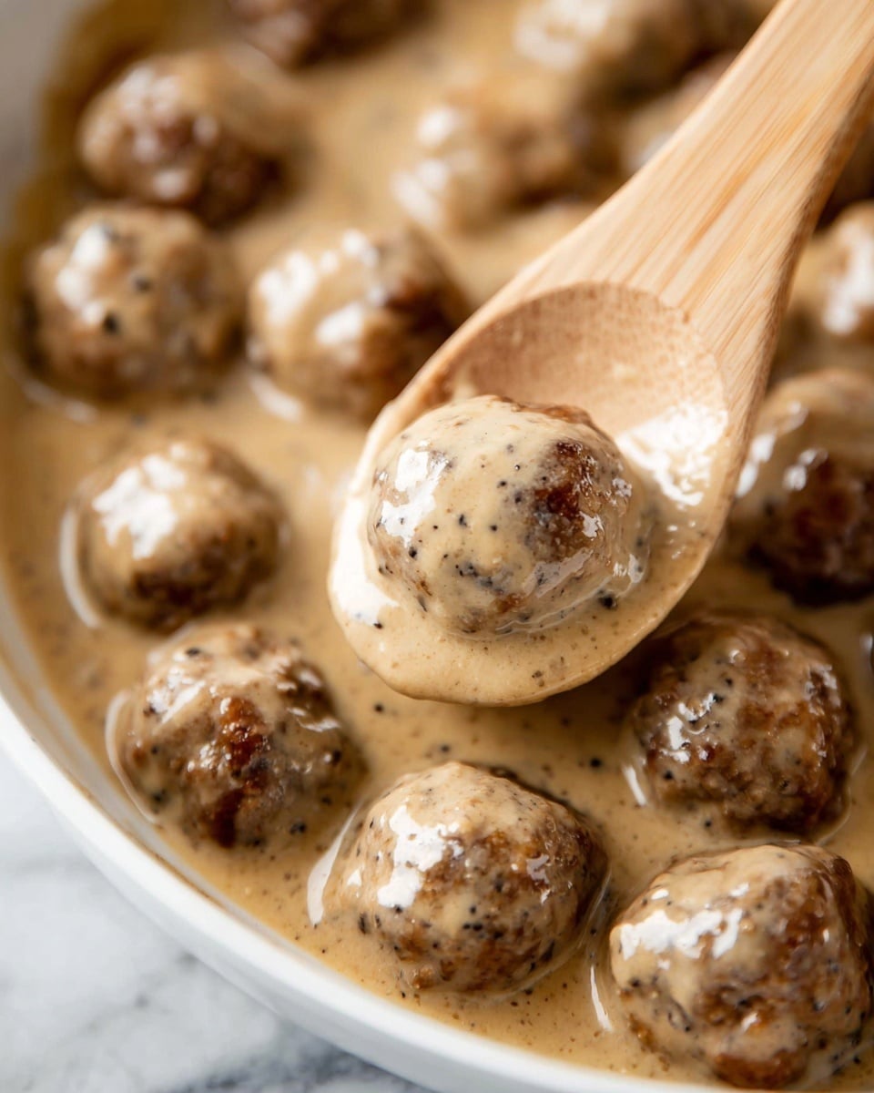 The image shows many small, round meatballs covered in a thick, light brown creamy sauce with dark specks, filling a white bowl. A wooden spoon lifts one meatball out of the sauce, displaying its smooth, creamy coating with some visible texture from the sauce and parts of the meatball peeking through. The focus is close-up, highlighting the creamy sauce's glossy and slightly speckled appearance along with the browned, slightly rough surface of the meatballs underneath. The bowl is set on a white marbled surface. Photo taken with an iphone --ar 4:5 --v 7