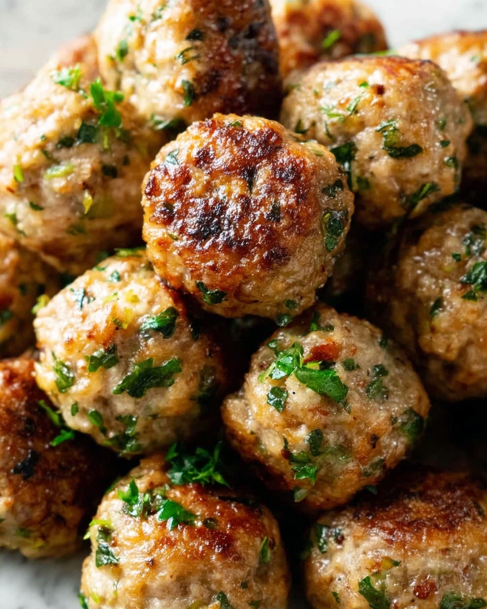 A close-up view of a bunch of small meatballs piled together on a white marbled surface. Each meatball is golden brown with a slightly crispy outside texture, speckled with green bits of herbs like parsley. The surface of the meatballs looks moist and tender, showing a mix of light and dark shades from cooking, with some small pieces of carrot or seasoning visible inside the meat mixture. The meatballs are arranged closely, filling the frame with no plate visible. photo taken with an iphone --ar 4:5 --v 7