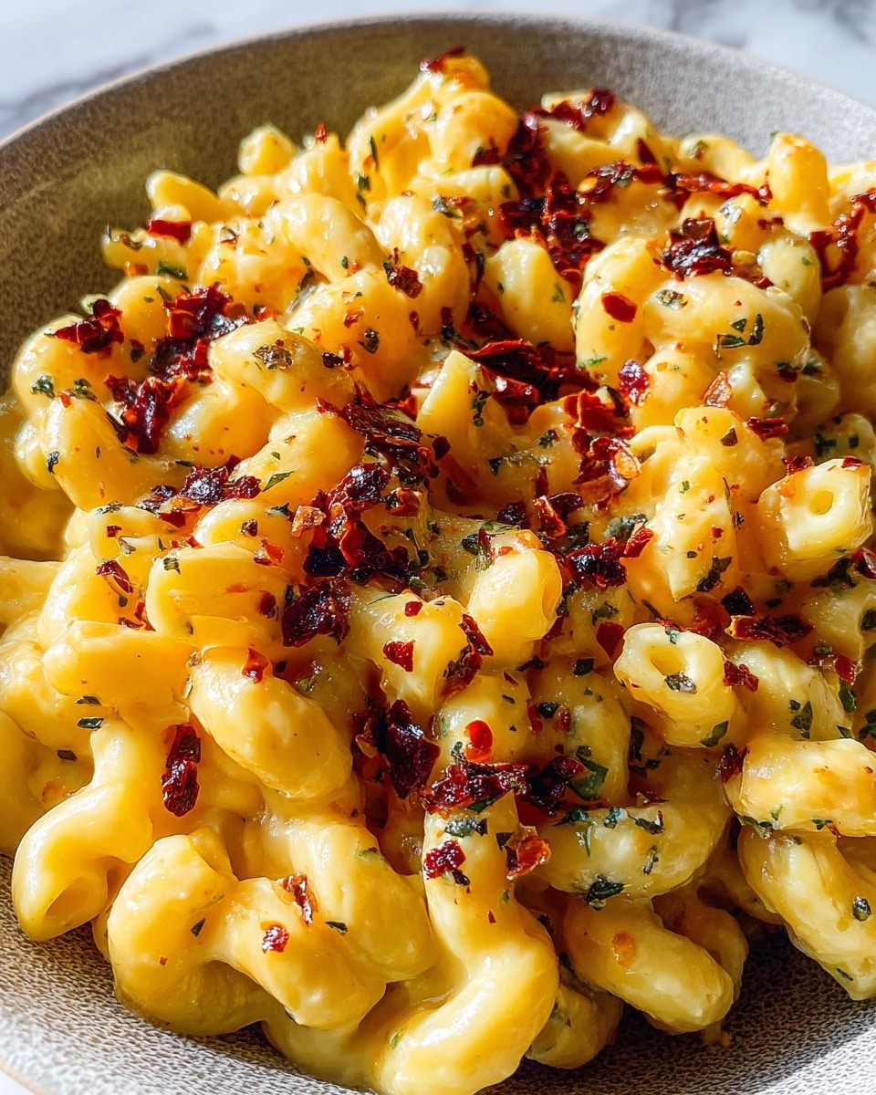 One Pot Creamy Mac and Cheese Recipe 6 The image shows a close-up of creamy pasta with a light yellow sauce, twisted and curved macaroni pieces forming the base layer. Scattered on top are dark red chili flakes mixed with small bits of herbs that add texture and color contrast. The dish looks rich with the sauce coating each pasta piece evenly. It is served in a white bowl with a textured surface, and the background is a white marbled texture, enhancing the dish's vibrant colors. photo taken with an iphone --ar 4:5 --v 7
