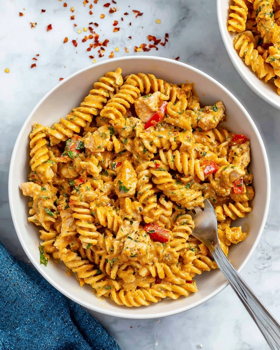 A white bowl filled with rotini pasta coated in a creamy orange sauce mixed with small pieces of chicken, chopped herbs, and bits of red bell pepper, giving the dish a mix of orange, light brown, green, and red colors throughout. A metallic fork rests on the right side inside the bowl, partially buried in the pasta. The bowl is placed on a white marbled surface with scattered red chili flakes, and a blue cloth is visible in the lower left corner. Another white bowl with the same pasta is partly visible at the top right corner. photo taken with an iphone --ar 4:5 --v 7