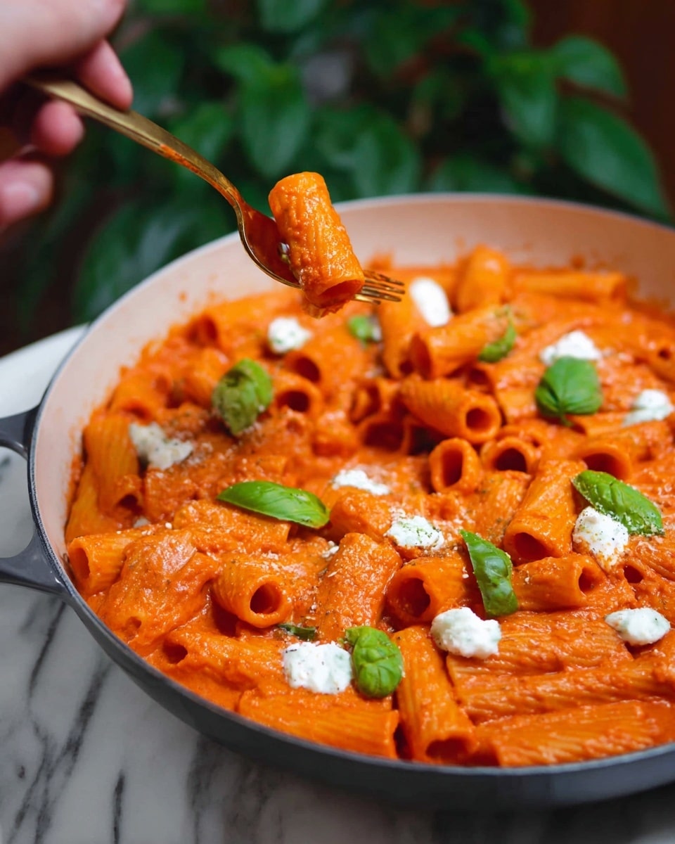 Creamy Rigatoni with Tomato Sauce Recipe 6 A close-up view of a white deep pan filled with rigatoni pasta covered in thick orange tomato sauce, with white dollops of cheese and bright green basil leaves scattered evenly on top; a woman's hand is holding a fork above the pan, lifting two pieces of rigatoni coated in sauce. The background shows green leaves out of focus, and the surface under the pan has a white marbled texture photo taken with an iphone --ar 4:5 --v 7