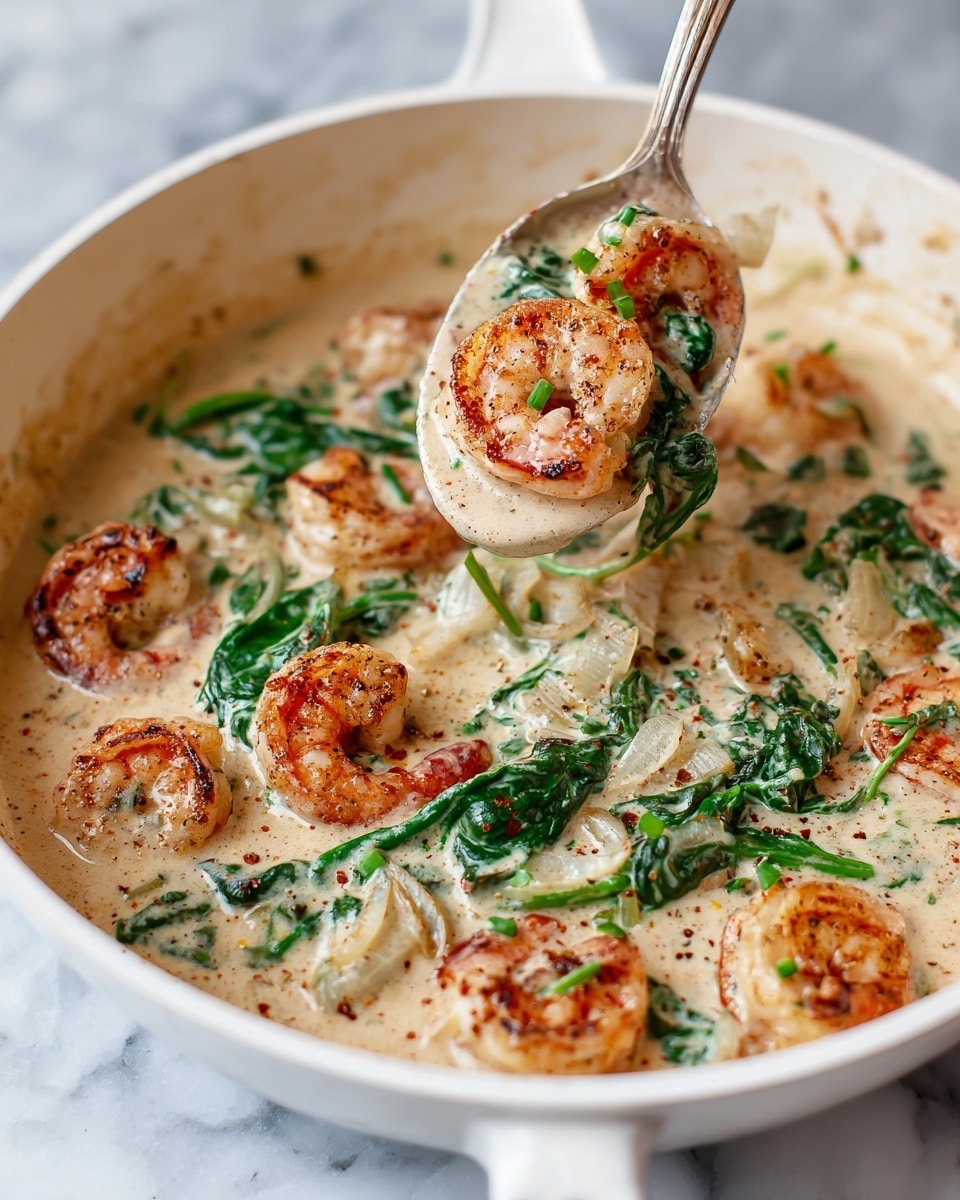 A close-up view of a white pan filled with a creamy sauce that has a light beige color with specks of seasoning, showing cooked shrimp that are pink and slightly browned, mixed with bright green spinach leaves and bits of translucent cooked onion scattered throughout. The shrimp are spread evenly, partially submerged in the thick, smooth sauce that has a rich texture and a few flakes of red pepper. The pan sits on a white marbled surface. Photo taken with an iphone --ar 4:5 --v 7