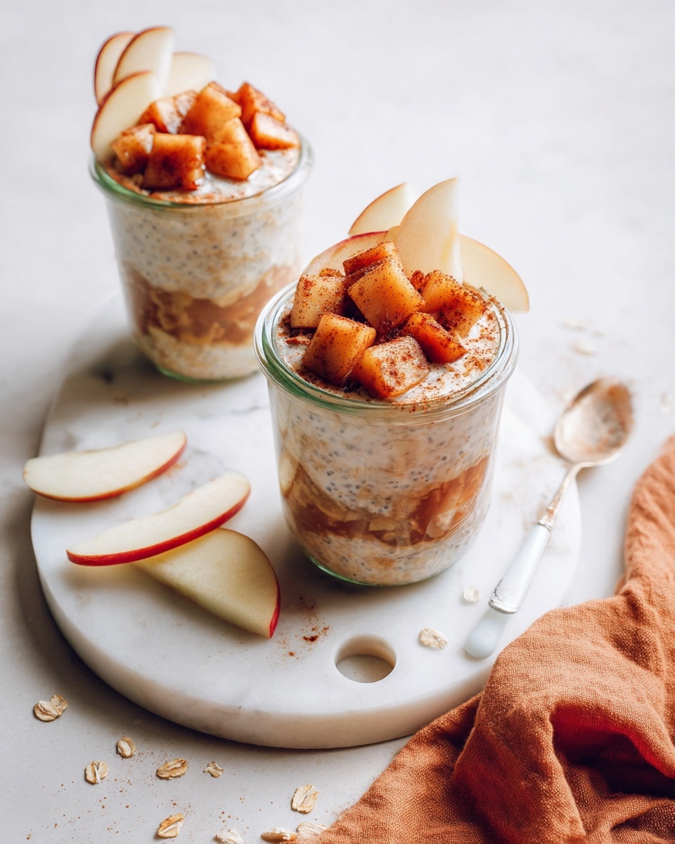 Two clear glass jars sit on a white marbled round board with a hole near the edge, each filled with three visible layers. The bottom layer is a creamy oatmeal mix with oats and chia seeds making it look chunky and soft. The middle layer shows soaked oats with milk slowly soaking through, creating a light beige texture. The top layer is made of browned, cubed apple pieces dusted with cinnamon, showing a warm orange-brown color and slightly caramelized look. Around the jars are several scattered oats, thin white apple slices with red edges, a white ceramic spoon, and an orange cloth on the white marbled surface. Photo taken with an iphone --ar 4:5 --v 7