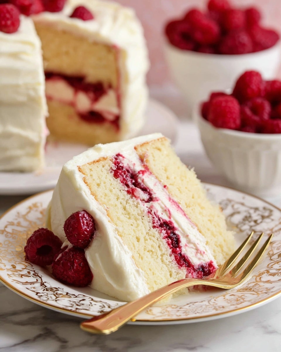 A slice of two-layer vanilla cake is placed on a white plate with gold patterns. The cake has light yellow sponge layers with a thick layer of red raspberry filling between them. White creamy frosting covers the outside and parts of the inside near the top layer. Some raspberries are embedded inside the cake and topped on the frosting. A gold fork rests next to the cake slice. In the blurred background, the rest of the cake sits on another white plate, and a white bowl with fresh raspberries is visible. The setting is on a white marbled textured surface. photo taken with an iphone --ar 4:5 --v 7