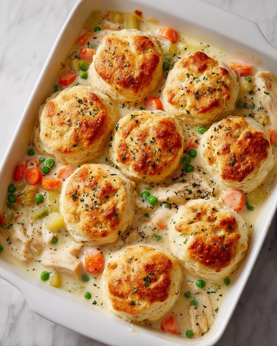 The image shows a white rectangular baking dish filled with a creamy chicken and vegetable stew topped with seven golden brown biscuits. The stew includes pieces of white chicken, bright orange carrot slices, green peas, and translucent celery chunks mixed in a thick creamy sauce with visible black pepper and herbs. The biscuits are round, slightly puffed with a textured surface and are evenly spaced covering most of the stew underneath. The dish is placed on a white marbled surface. photo taken with an iphone --ar 4:5 --v 7
