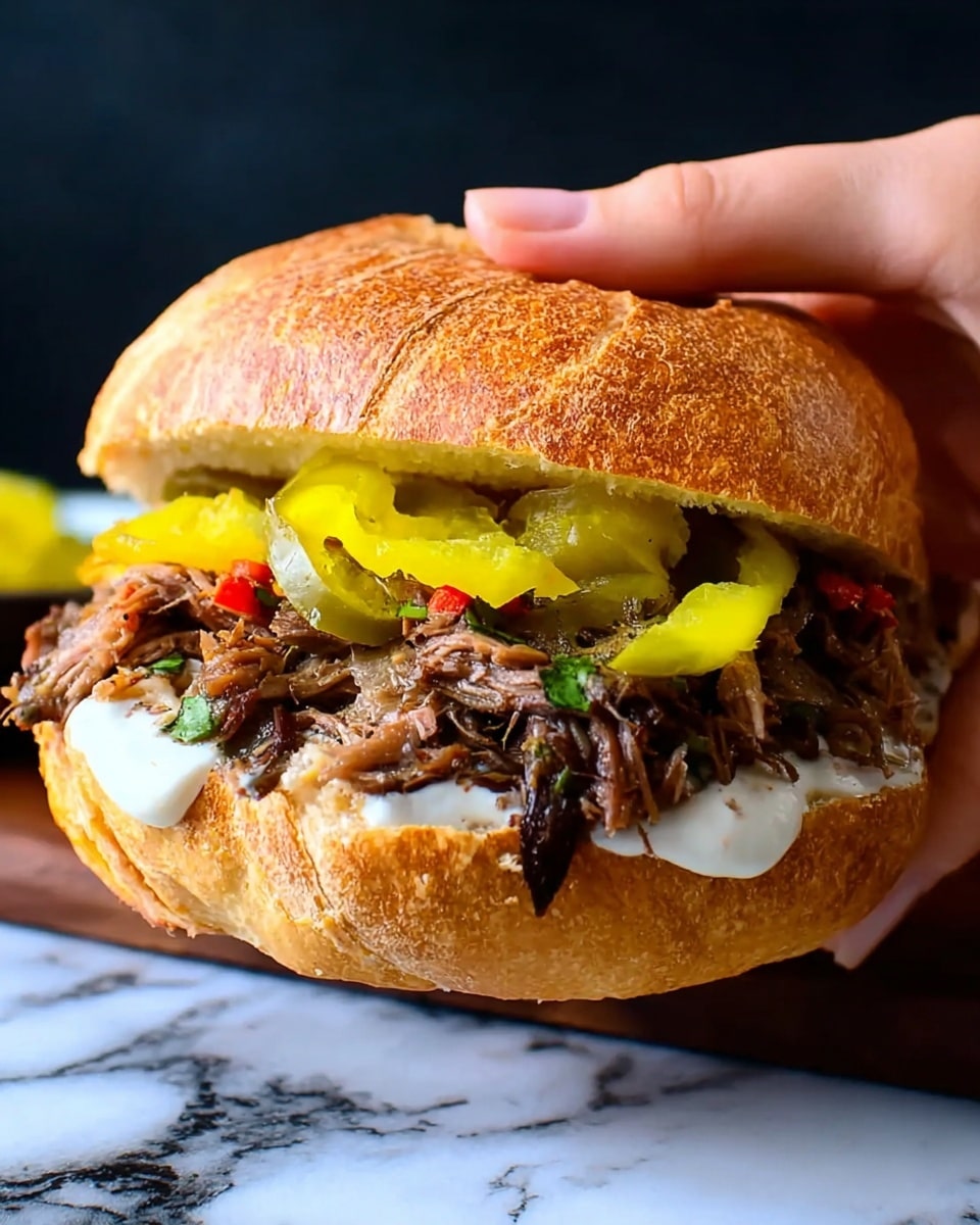 Crock Pot Italian Beef Sandwiches Recipe 6 A woman's hand holding a sandwich with a golden brown crusty bun. Inside the sandwich, there is a layer of shredded dark brown meat with some small red bits, topped with slices of bright yellow pickled peppers, and a layer of creamy white sauce at the back. The sandwich rests on a dark surface with a white marbled texture in the background. photo taken with an iphone --ar 4:5 --v 7