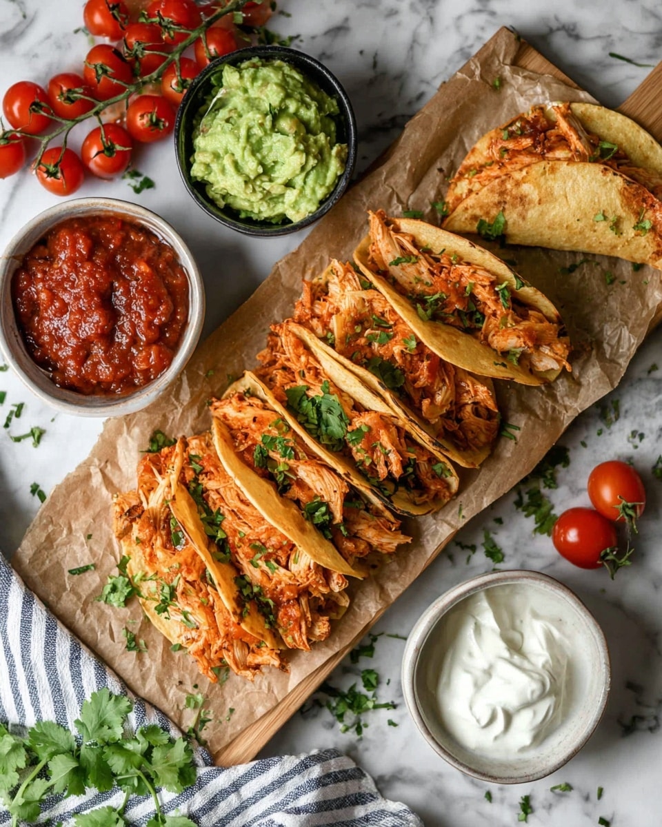 Crispy Chicken Tacos Recipe 6 The image shows six small folded tacos on a white baking tray lined with brown parchment paper. Each taco has one visible side of golden, crispy tortilla with a slightly bubbled texture, while the open side reveals shredded orange-brown filling that looks like cooked meat mixed with some sauce and melted cheese. The tortillas have a light browned area giving them a toasted look. The tray is on a white marbled surface with a glimpse of a white cloth with black stripes at the bottom right. Photo taken with an iphone --ar 4:5 --v 7
