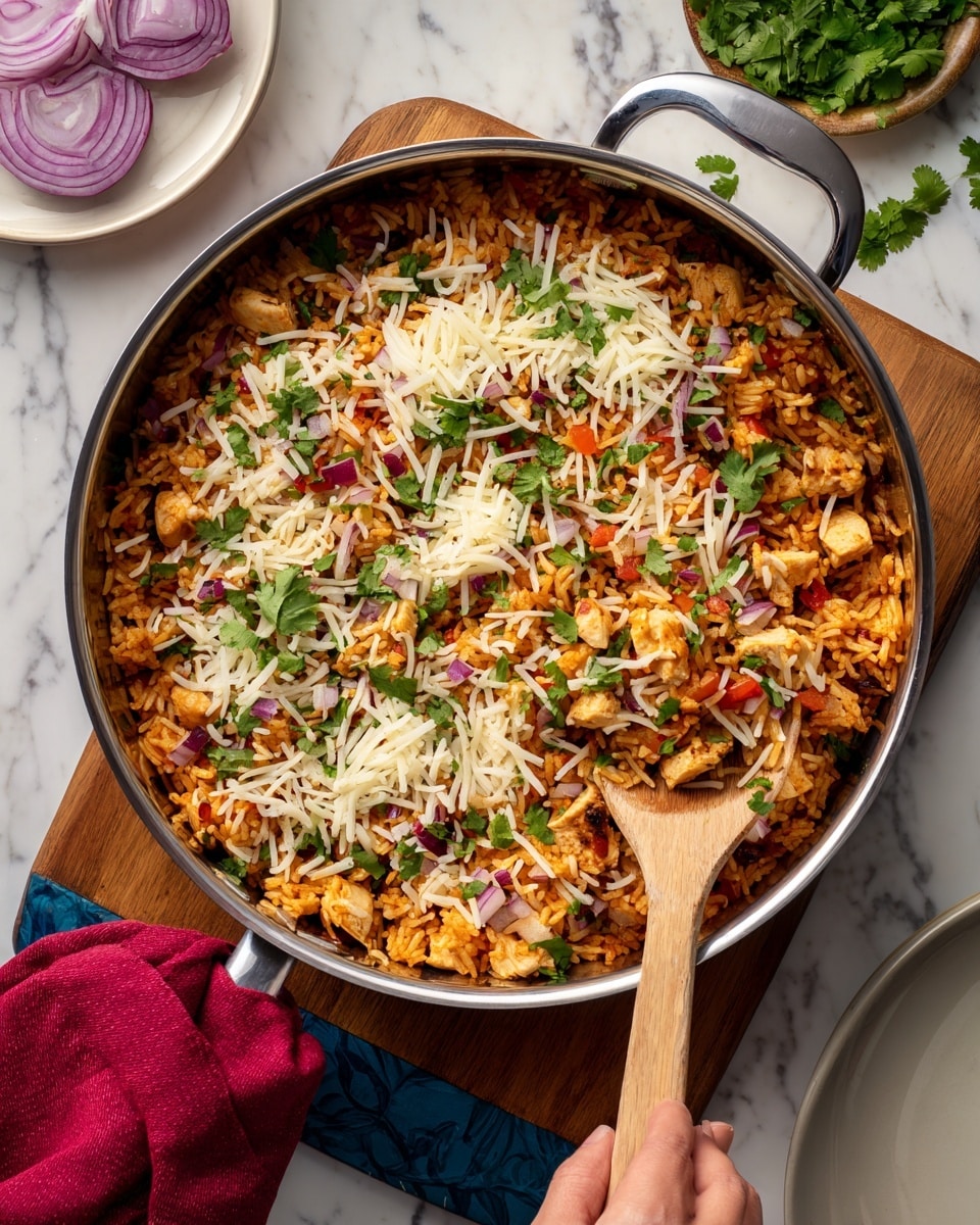 Creamy Chicken Fajita Bowl Recipe 5 A large metal pot filled with a colorful rice dish sits on a wooden cutting board with a blue border, placed on a white marbled surface. The dish has a base layer of orange-colored cooked rice mixed with chunks of light brown chicken and small pieces of green and red vegetables. On top, there is a layer of shredded white cheese and fresh green cilantro leaves scattered evenly. A wooden spoon is placed inside the pot, lifting some of the rice. A woman's hand holding a red cloth grips the pot handle on the right side. To the left, there is a sliced red onion and a white plate partially visible. Photo taken with an iphone --ar 4:5 --v 7