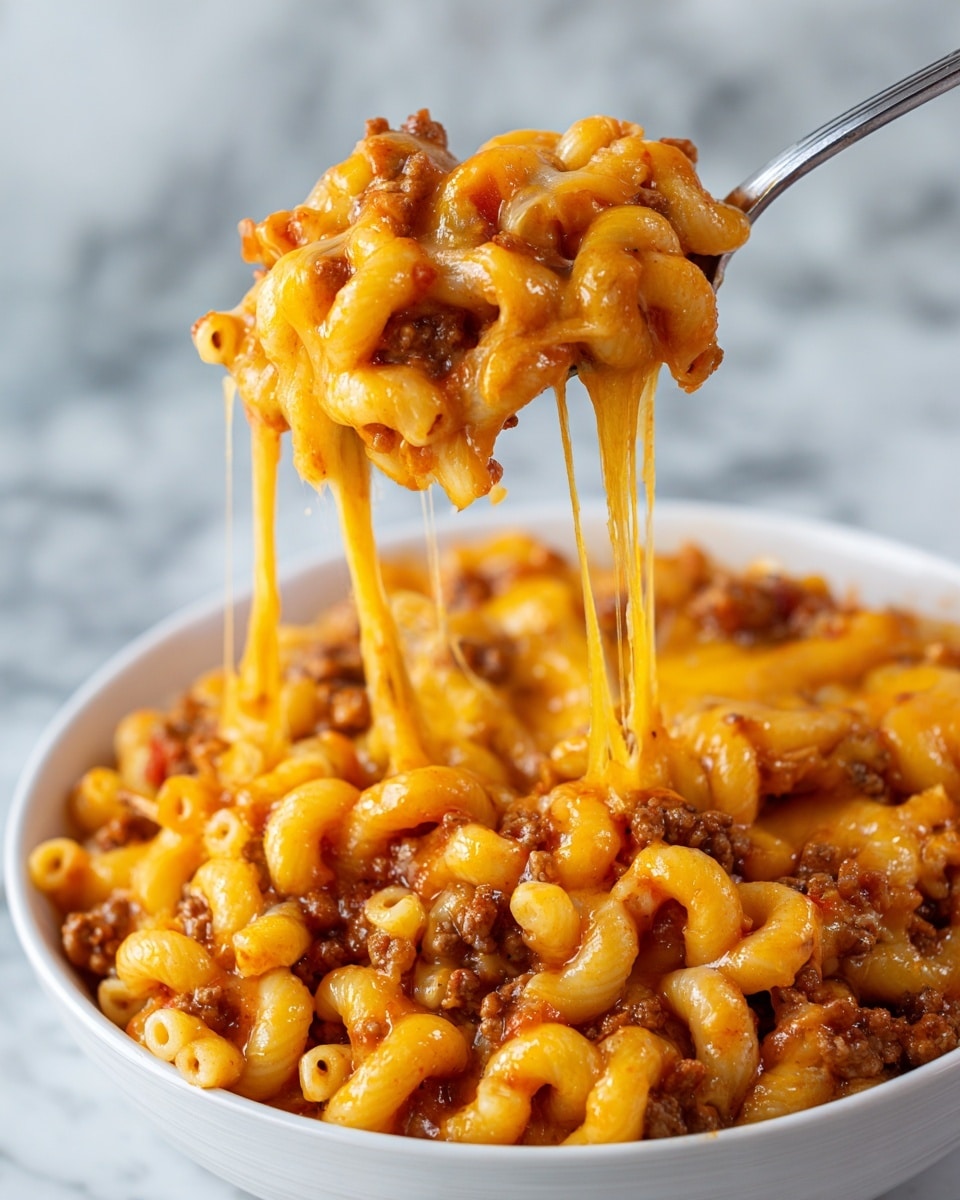 Homemade Hamburger Helper Recipe 5 Two white plates hold baked elbow macaroni mixed with browned ground meat in a thick, creamy, orange-brown sauce. Each plate has a fork with a wooden handle resting on the edge. The plates sit on a white marbled surface covered partly by a striped cloth and a green napkin under the right plate. In the top left, a white bowl filled with green lettuce and red cherry tomatoes is partially visible. Two glasses of a light-colored drink are near the plates. The scene is bright and homey. photo taken with an iphone --ar 4:5 --v 7