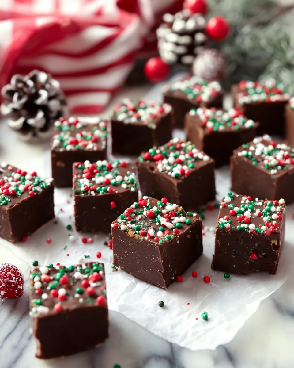Christmas Fudge Recipe 6 The image shows many square pieces of dark brown fudge, each topped with small red, green, and white sprinkles. The fudge pieces are thick and smooth with sharp edges and appear soft. They are placed close together on a white marbled surface covered with white parchment paper. In the background, there is a red and white striped cloth and a small bunch of pine cones and berries with a snowy look. Photo taken with an iphone --ar 4:5 --v 7