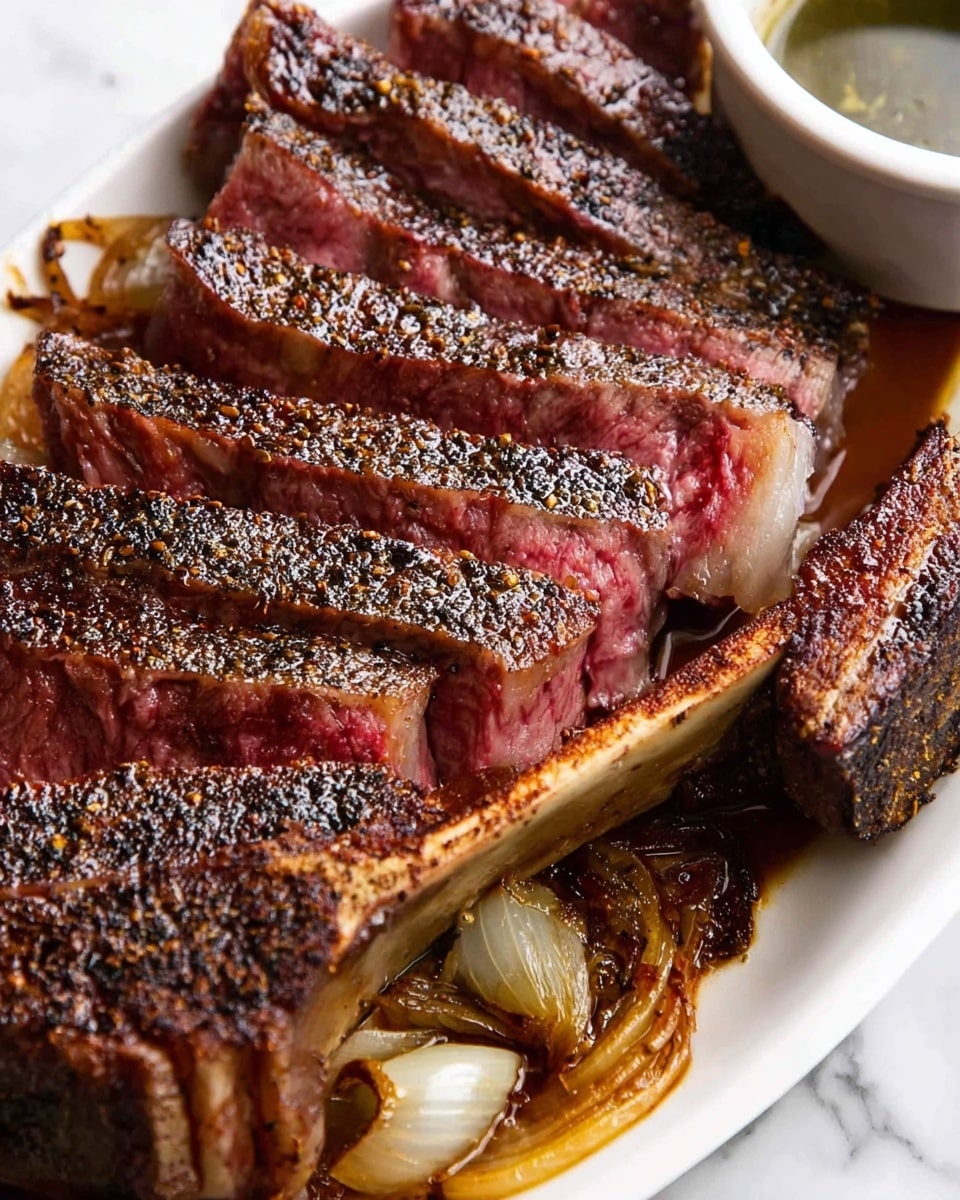 The image shows a white plate with a large steak sliced into thick pieces, revealing a juicy pink inside with a dark seasoned crust on each slice. The steak has a visible bone on the side, and underneath it, there are cooked, slightly translucent onion slices soaked in a rich brown sauce. On the right edge of the image, there is a white bowl partially visible with a greenish dipping sauce. The overall scene is set on a white marbled surface. photo taken with an iphone --ar 4:5 --v 7