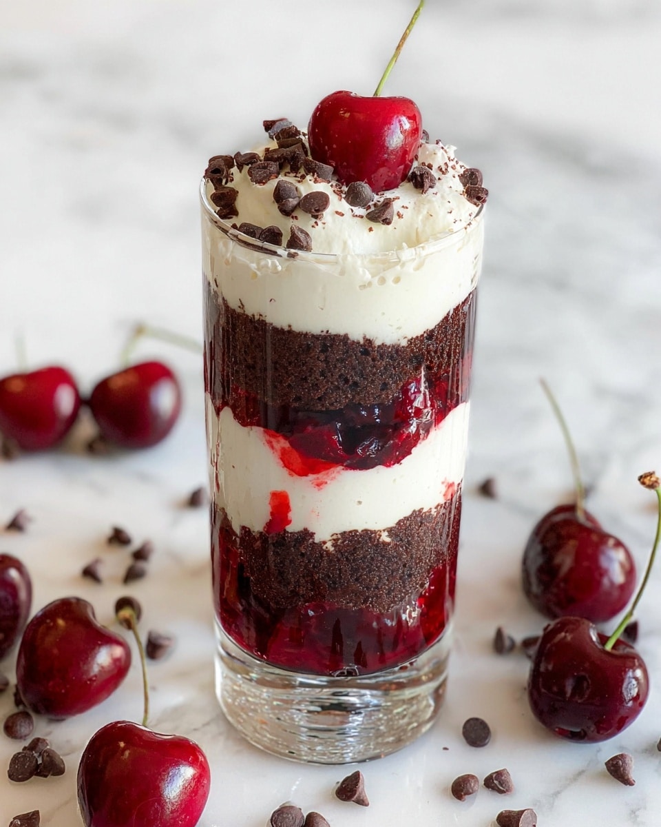 A tall clear glass shows a layered dessert with five layers: at the bottom, a dark brown textured cake layer, followed by a thick vibrant red cherry sauce layer with whole cherries visible inside, then a creamy white fluffy layer, another dark brown cake layer mixed with the red cherry sauce, topped with a thick creamy white layer covered in small dark chocolate chips. A shiny dark red cherry with a stem sits on top, surrounded by scattered chocolate chips and cherries on a white marbled surface. Photo taken with an iphone --ar 4:5 --v 7
