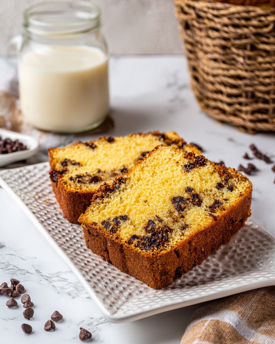 Two thick slices of yellow cake with dark chocolate pieces scattered inside are placed on a white rectangular textured plate. The cake slices have a rough, slightly crumbly edge with visible baked golden brown crusts, and the inside looks soft with moist texture due to the melted chocolate chips. Around the plate, small chocolate chips are scattered. In the background, there is a clear glass jar filled with light-colored milk and a woven basket on a white marbled textured surface. photo taken with an iphone --ar 4:5 --v 7