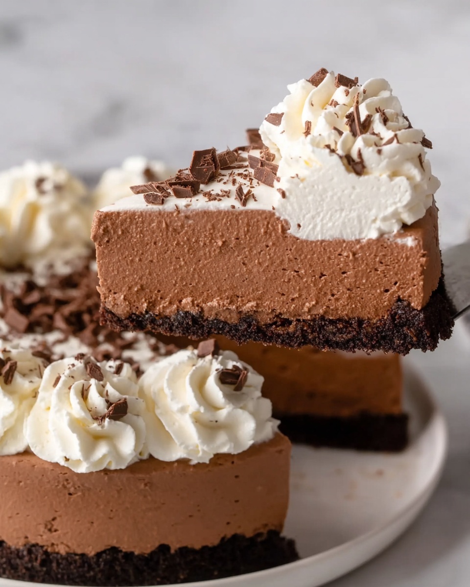 A slice of chocolate cheesecake is being lifted from a whole cheesecake on a white plate over a white marbled surface. The cheesecake has three clear layers: a dark brown crumbly crust at the bottom, a thick smooth light brown chocolate cheesecake layer in the middle, and white whipped cream piped in large rosettes around the top edge. The whipped cream is topped with small dark and milk chocolate curls scattered over the cheesecake's surface. The texture of the cheesecake looks creamy and dense, while the whipped cream is soft and fluffy. Photo taken with an iphone --ar 4:5 --v 7
