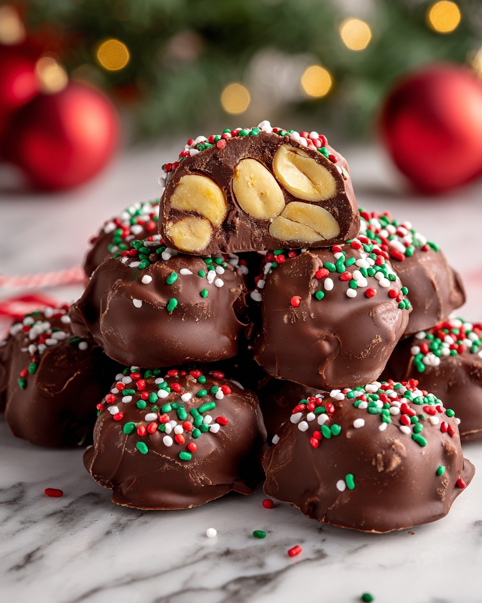 The image shows a close-up of a pile of chocolate clusters, each with a thick, glossy brown chocolate exterior and uneven, chunky shapes. Inside the cut cluster, multiple pale yellow nuts with rough texture are visible, tightly packed in the middle layer. The outer layer is decorated with small red, white, and green round and rod-shaped sprinkles scattered all over the chocolate. The pile sits on a white marbled surface with festive red and green elements softly blurred in the background. Photo taken with an iphone --ar 4:5 --v 7