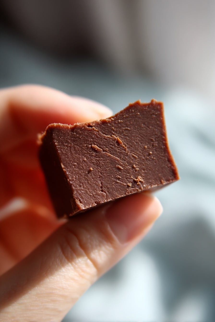 Three square pieces of smooth, dark brown fudge are stacked on top of each other. Each piece has a slightly rough bottom edge and a firm, dense texture with small cracks and uneven spots on the sides. The fudge sits on a white parchment paper over a white marbled surface, with a soft, blurred warm background. The lighting highlights the rich chocolate color and texture of the fudge. photo taken with an iphone --ar 2:3 --v 7 - Mocha Chocolate Fudge, mocha chocolate fudge recipe, mocha fudge, coffee chocolate fudge, easy chocolate fudge