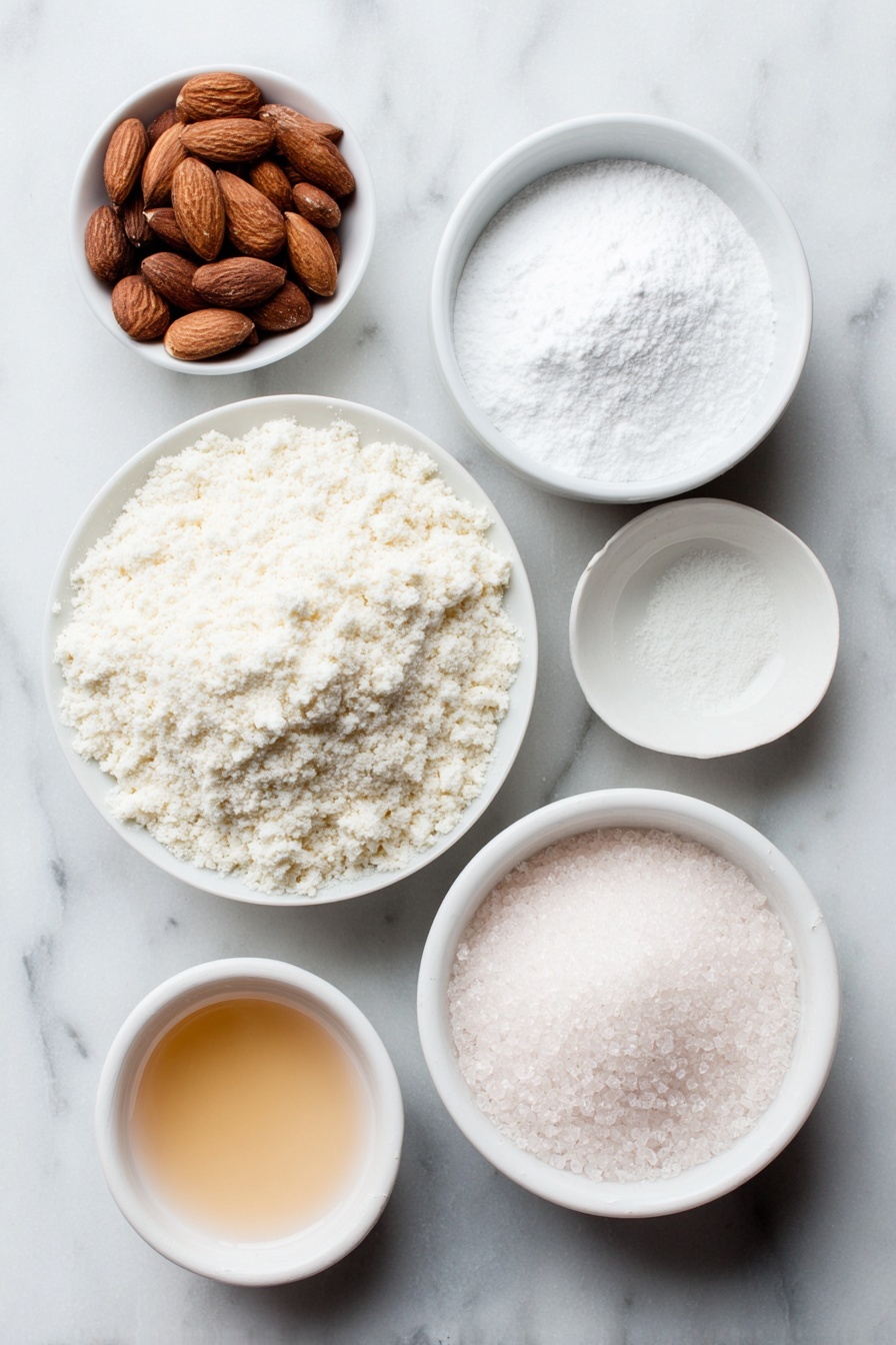 Flat lay of a small mound of finely ground blanched almond flour, a small white ceramic bowl filled with powdered sugar, a few whole blanched almonds scattered beside it, a small white ceramic bowl with clear water, a small white ceramic bowl with a pale golden liquid sweetener, a few drops of almond extract in a tiny white bowl, a few drops of delicate rose water in another tiny white bowl, all arranged with perfect symmetry and balanced proportions, placed on a clean white marble surface, soft natural light, photo taken with an iPhone, professional food photography style, fresh ingredients, white ceramic bowls, no bottles, no duplicates, no utensils, no packaging --ar 2:3 --v 7 --p m7354615311229779997 - Homemade Marzipan, Marzipan ingredients, How to make marzipan, Easy marzipan recipe, Marzipan sweets