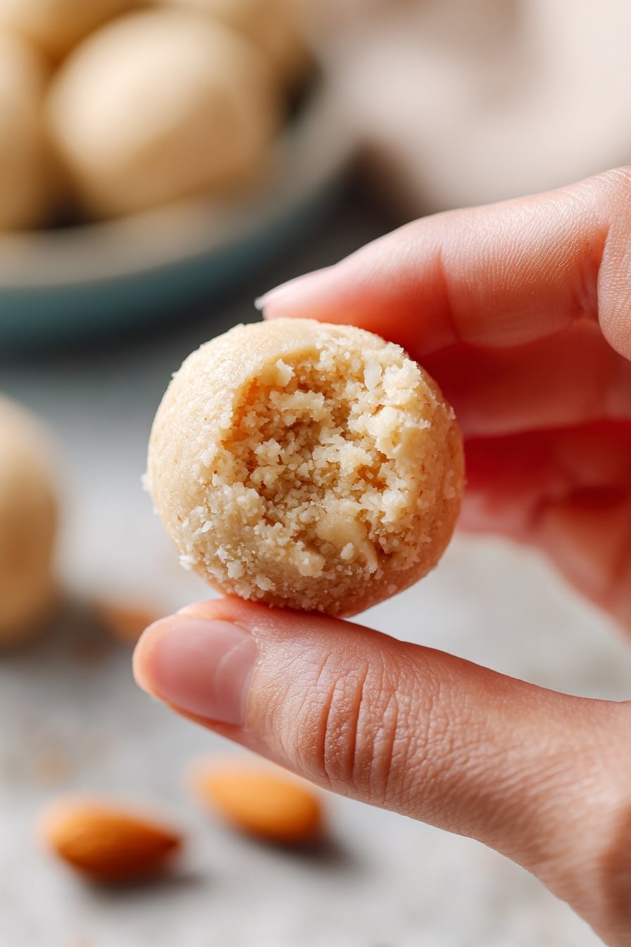 The image shows a log of pale yellow marzipan dough on a white marbled surface, with two thick round slices cut and placed in front of the log. The texture of the slices is slightly grainy and soft. Around the log and slices, whole peeled almonds are scattered. A knife with a brown handle is visible on the left side, resting on the surface. photo taken with an iphone --ar 2:3 --v 7 - Homemade Marzipan, Marzipan ingredients, How to make marzipan, Easy marzipan recipe, Marzipan sweets