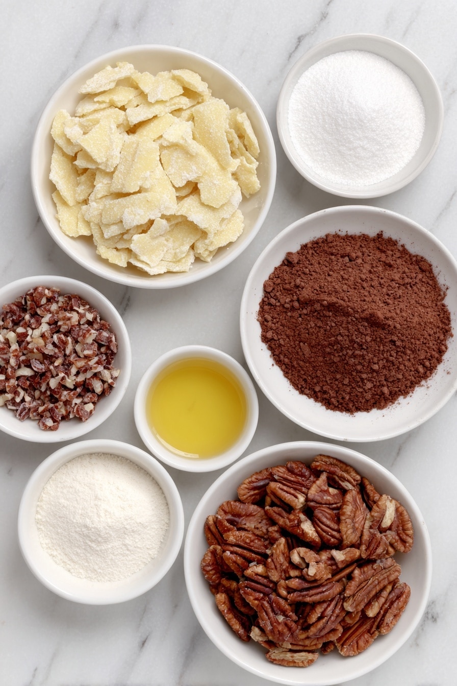 Flat lay of crushed vanilla wafer cookies in a small white ceramic bowl, a small white bowl of confectioners' sugar, a small white bowl of unsweetened cocoa powder, finely chopped pecans spread neatly on the surface, a small white bowl with light corn syrup, a small white bowl containing spiced rum, and a small white bowl with pure vanilla extract placed symmetrically, all fresh and natural, placed on a clean white marble surface, soft natural light, photo taken with an iPhone, professional food photography style, fresh ingredients, white ceramic bowls, no bottles, no duplicates, no utensils, no packaging --ar 2:3 --v 7 --p m7354615311229779997 - Chocolate Rum Balls, chocolate rum balls recipe, no-bake rum balls, holiday rum ball favorites, easy chocolate treats