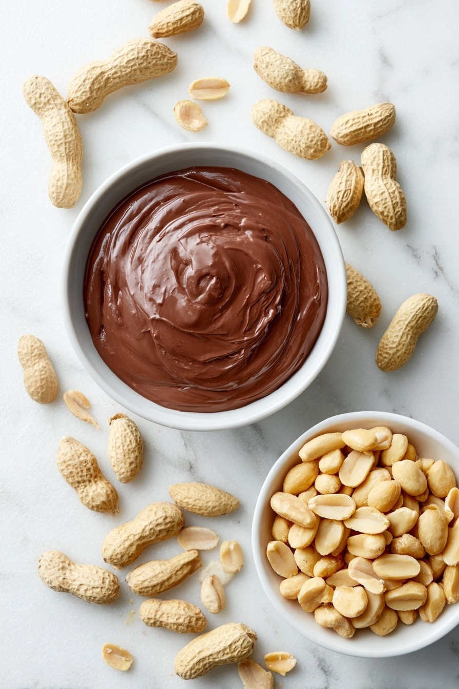 Flat lay of a large white ceramic bowl filled with smooth, glossy melted milk chocolate, a small white bowl overflowing with whole salted peanuts, and a few salted peanuts scattered loosely around the bowls, placed on a clean white marble surface, soft natural light, photo taken with an iPhone, professional food photography style, fresh ingredients, white ceramic bowls, no bottles, no duplicates, no utensils, no packaging --ar 2:3 --v 7 --p m7354615311229779997 - Chocolate Peanut Clusters, chocolate peanut treats, easy chocolate nut snack, no-bake nut bites, salty sweet chocolate snacks