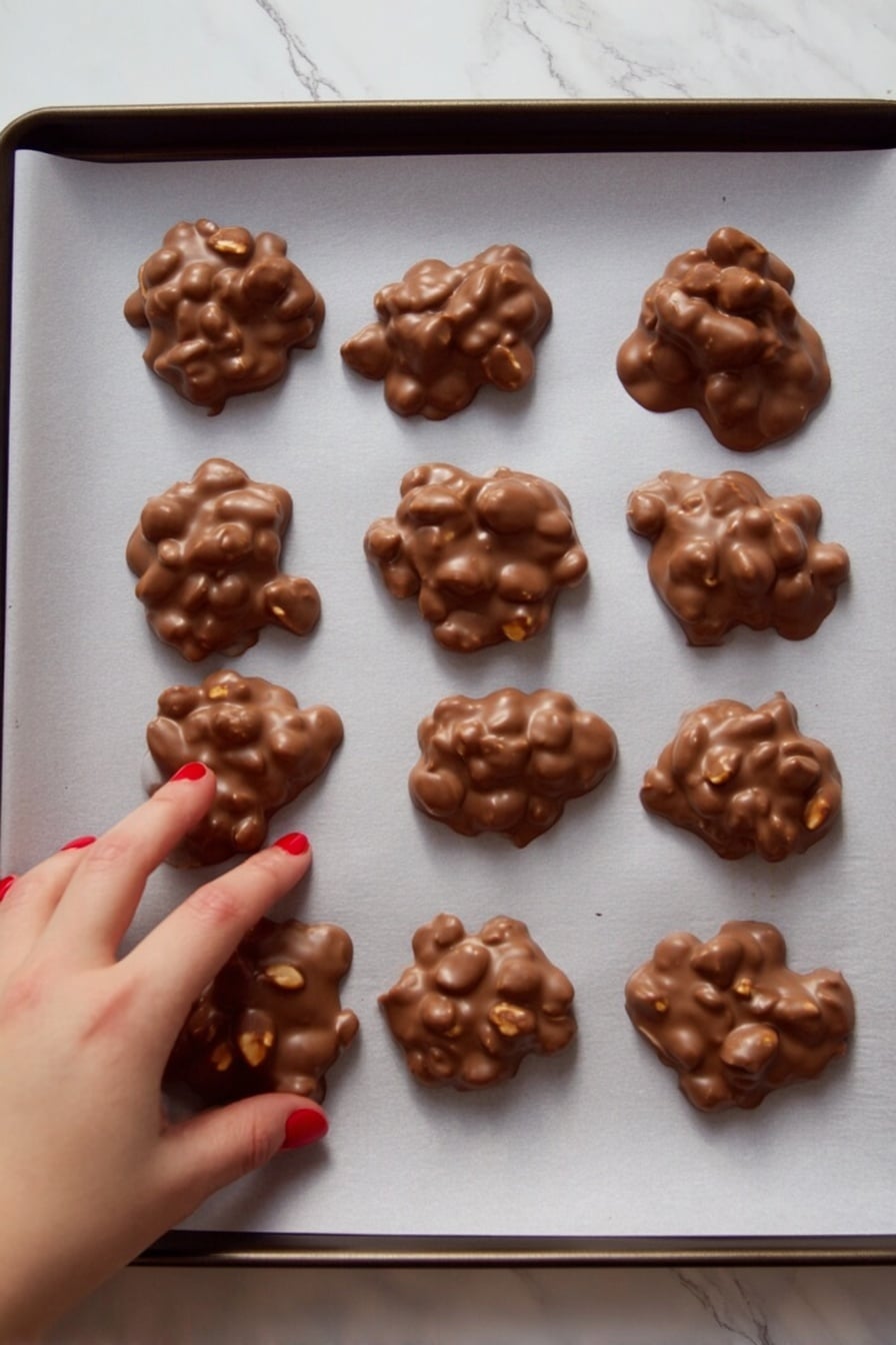 The image shows a baking sheet covered with white parchment paper. On the paper, there are twelve small clusters of milk chocolate mixed with whole peanuts, all evenly spaced in four rows of three. The chocolate has a smooth and slightly shiny surface, with the peanuts rising a bit creating a lumpy texture on each cluster. Part of a woman's hand with red nail polish is seen touching one of the chocolate peanut clusters at the bottom left corner. The background underneath the baking sheet is a white marbled surface. photo taken with an iphone --ar 2:3 --v 7 - Chocolate Peanut Clusters, chocolate peanut treats, easy chocolate nut snack, no-bake nut bites, salty sweet chocolate snacks