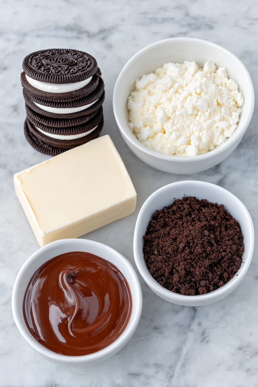 Flat lay of a stack of original Oreo cookies with dark chocolate cream filling visible, a small block of creamy white cream cheese, a small white bowl filled with finely crushed Oreo crumbs, and a small white bowl holding smooth melted dark chocolate, all arranged symmetrically on a clean white marble surface, soft natural light, photo taken with an iPhone, professional food photography style, fresh ingredients, white ceramic bowls, no bottles, no duplicates, no utensils, no packaging --ar 2:3 --v 7 --p m7354615311229779997 - Oreo Truffles, Oreo Truffles recipe, no-bake Oreo desserts, easy chocolate truffles, party dessert ideas