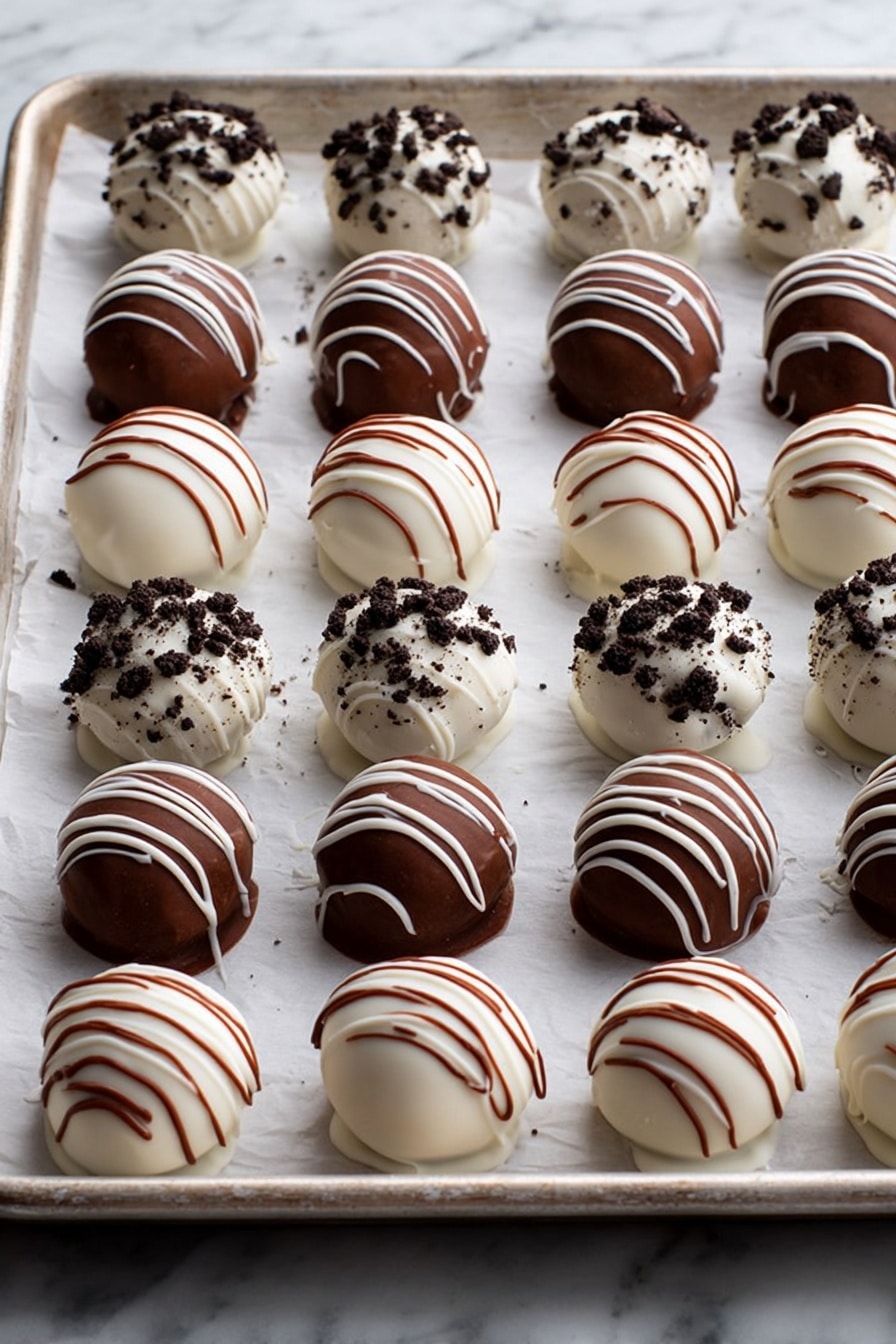 The image shows a white baking tray lined with white parchment paper, filled with rows of round truffles organized in a neat grid. There are five vertical columns and five horizontal rows of truffles with three different styles arranged in alternating columns. The first and third columns feature smooth white truffles with thin brown drizzles forming curved lines on top. The second and fifth columns have shiny white truffles topped with dark brown cookie crumbs, which create a rough texture on their surface. The fourth column holds milk chocolate truffles decorated with white zigzag lines, and the sixth column holds milk chocolate truffles topped with dark brown cookie crumbs. The tray rests on a white marbled surface photo taken with an iphone --ar 2:3 --v 7 - Oreo Truffles, Oreo Truffles recipe, no-bake Oreo desserts, easy chocolate truffles, party dessert ideas