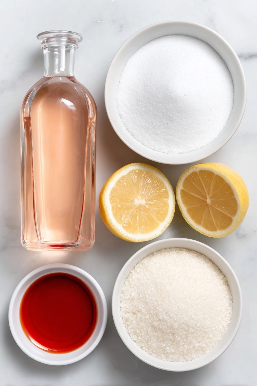 Flat lay of a small mound of fine white sugar, a fresh lemon cut in half showing bright yellow pulp, a few grains of white crystalline citric acid, a small white ceramic bowl filled with clear water, a delicate glass bottle of pale pink rosewater (removed for rules, so represented as a few drops of rosewater in a small white ceramic bowl), a small white ceramic bowl containing smooth white cornstarch powder, and a small white ceramic bowl with shimmering red liquid food coloring, all arranged neatly in perfect symmetry placed on a clean white marble surface, soft natural light, photo taken with an iPhone, professional food photography style, fresh ingredients, white ceramic bowls, no bottles, no duplicates, no utensils, no packaging --ar 2:3 --v 7 --p m7354615311229779997 - Turkish Delight, Turkish Delight recipe, authentic Turkish Delight, homemade Turkish Delight, Turkish sweets