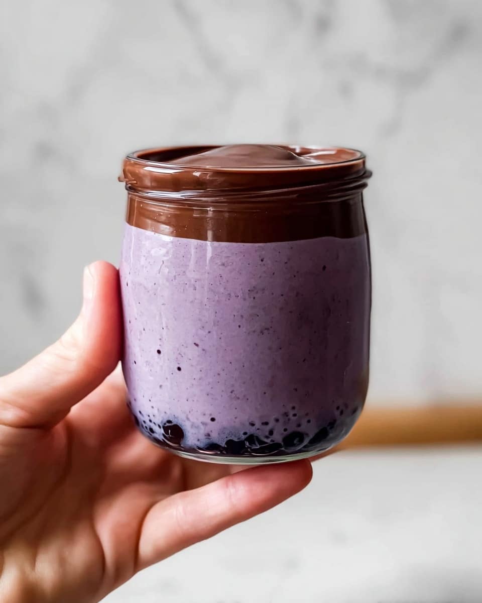 Blueberry Overnight Oats (Blended) Recipe 5 A clear glass jar filled with three layers is shown: the bottom layer has dark purple chunks, the middle layer is thick and light purple with small dark specks mixed in, taking up most of the jar, and on top, shiny smooth brown chocolate is being poured, slightly overflowing the jar rim. The jar sits on a white marbled surface, with a blurred dark blue textured cloth in the background. photo taken with an iphone --ar 4:5 --v 7