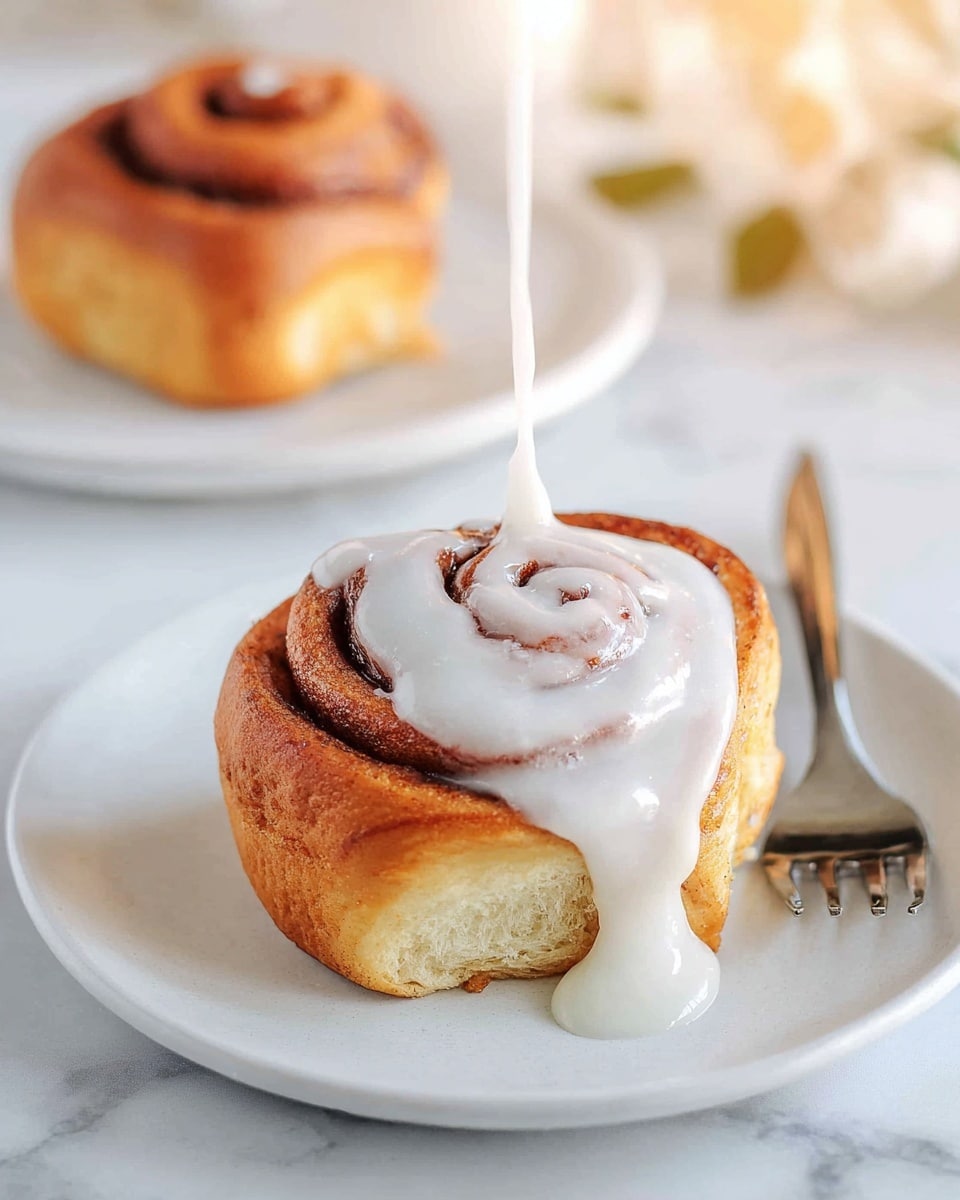 Vegan Cinnamon Rolls with Sweet Icing Recipe 6 A single cinnamon roll sits in the center of a plain white plate, placed on a white marbled surface. The cinnamon roll has a tightly spiraled shape with visible layers of soft, golden-brown dough and darker cinnamon swirls. It is partially covered with a thin, white icing glaze that is shiny and slightly dripping down the sides. Two segments of the roll are peeled back from the main spiral, showing the soft and fluffy interior texture. A spoon rests partly on the plate beside the cinnamon roll, catching some of the icing that has spread onto the plate. photo taken with an iphone --ar 4:5 --v 7